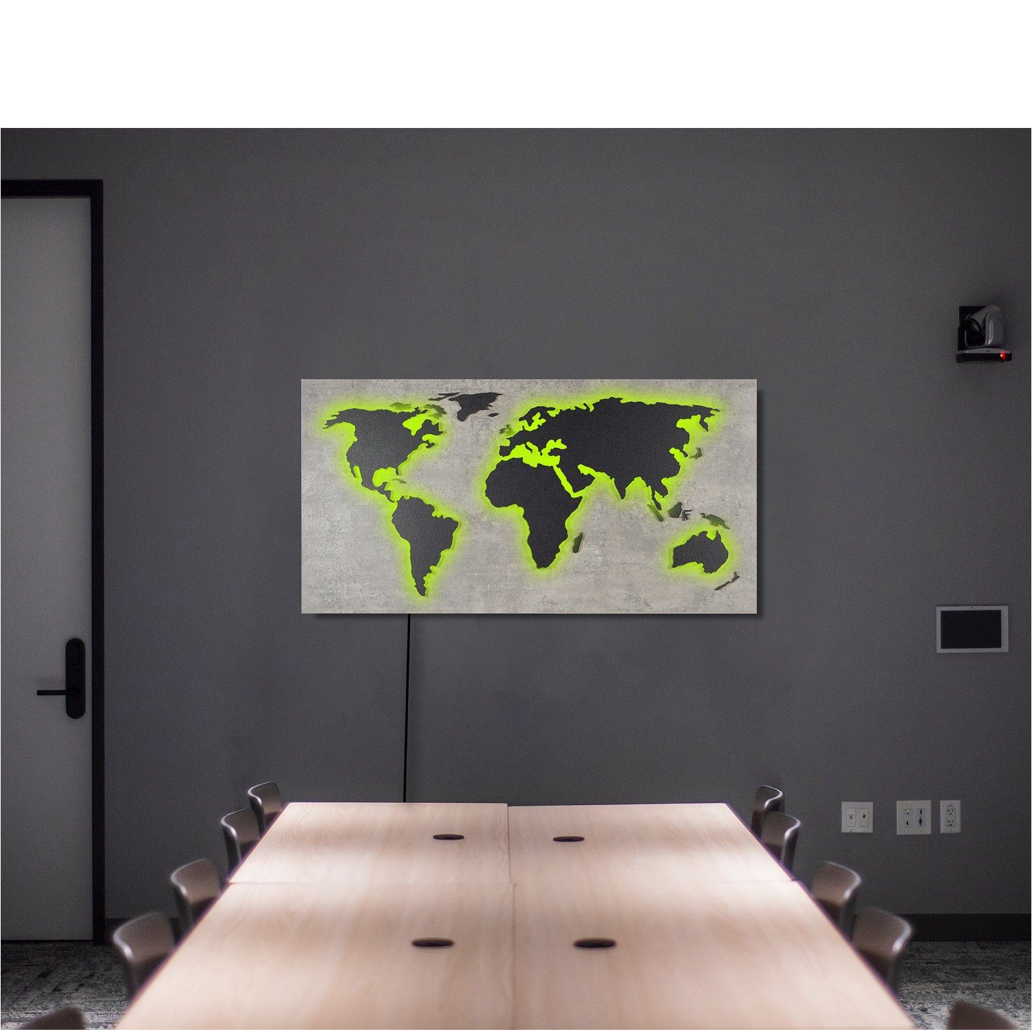 ZENLED Wanddekoobjekt Weltkarte MAPPA LUX STEIN-Optik 110x57cm - Designer Objekt 3D-Effekt, Kontinente umleuchtet mit bunt steuerbaren RGB LEDs über Fernbedienung Rückplatte Beton-Grau, Länder Granit-Schwarz