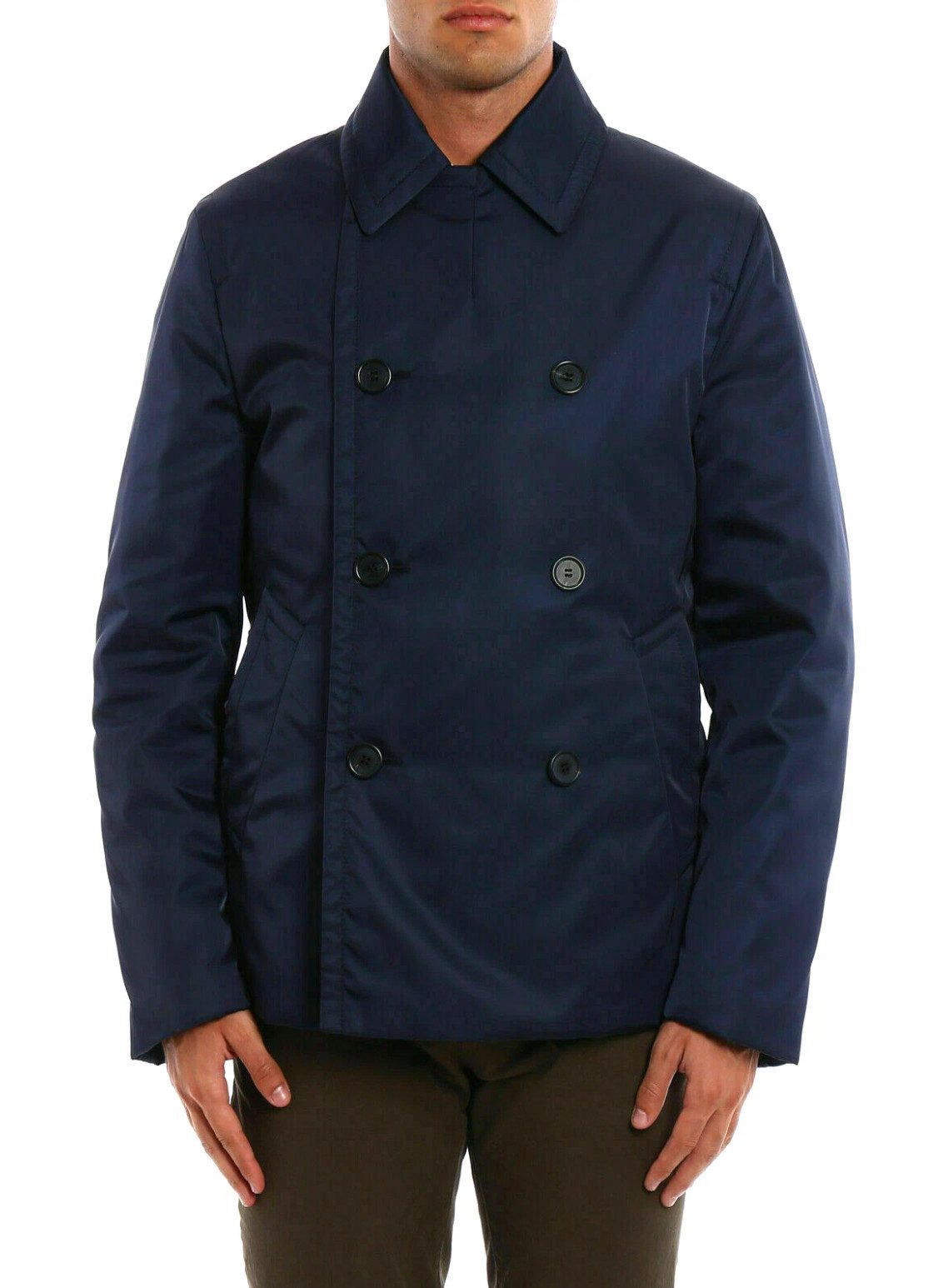 PRADA Outdoorjacke Herren Techno-Nylon Peacoat Cabanjacke Doppelreihig Navy Gesteppt, komfortabel und wärmend