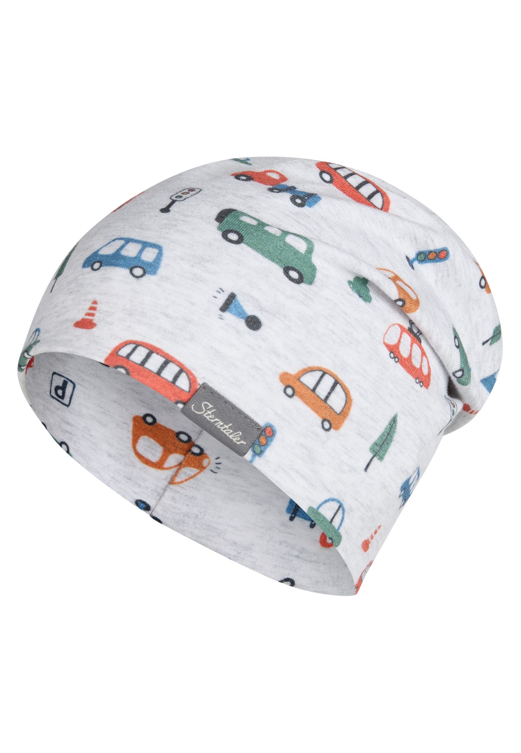 Sterntaler® Beanie UV-Schutz 50+ Beanie Fahrzeuge (1-St) Beanie aus Melange-Jersey mit Fahrzeugdruck, zwei Tragevarianten