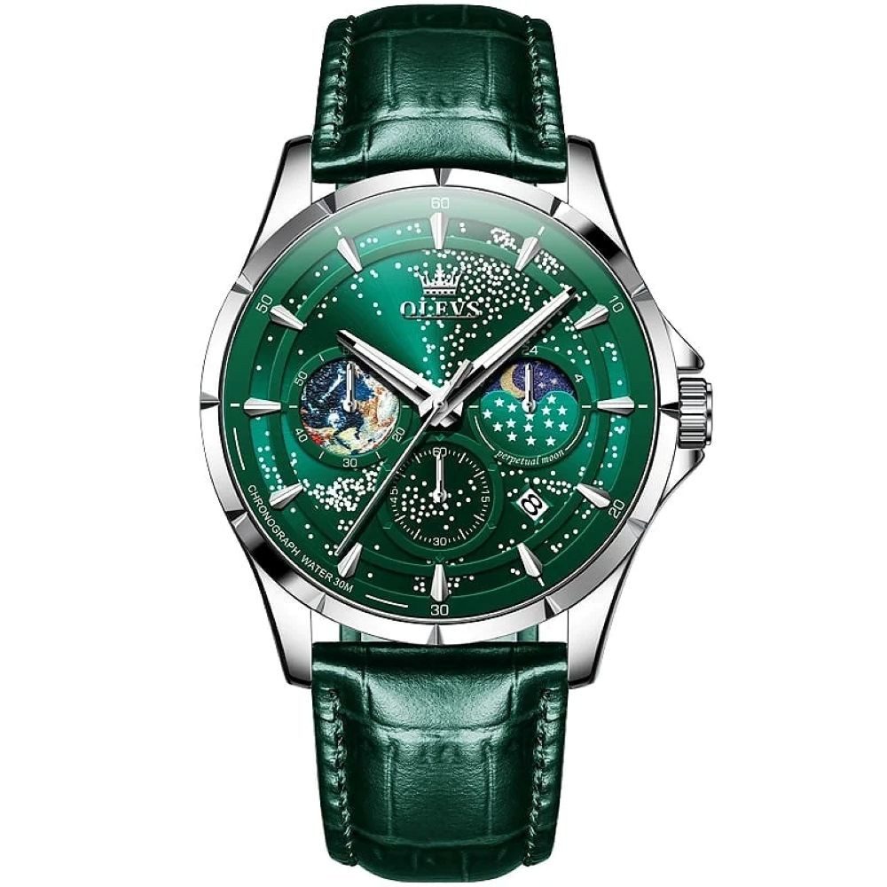 OLEVS Quarzuhr Mondphasen-Uhr für Herren Elegant Lederarmband Grün 5538