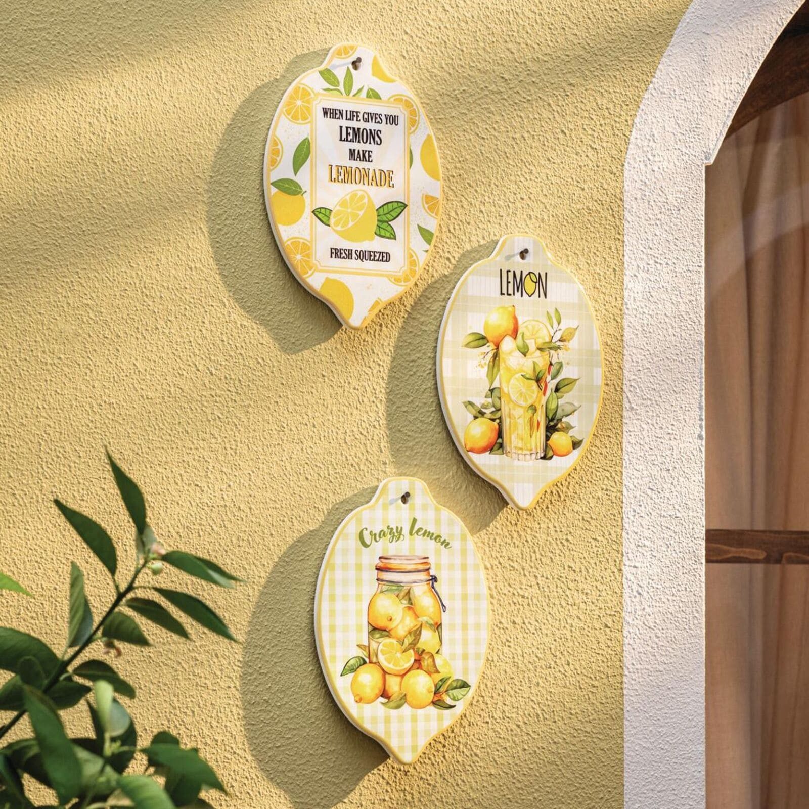 Dekoleidenschaft Wanddekoobjekt "Lemon" Porzellan Wanddeko glänzend, mediterrane Wandbilder Zitrone (3 St., im Set), Wanddekoration Küche 15x21 cm