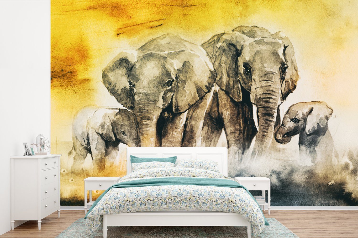 MuchoWow Fototapete Elefant - Aquarellfarbe - Familie, Matt, bedruckt, (6 St), Wallpaper für Wohnzimmer, Schlafzimmer, Kinderzimmer, Vinyl Tapete