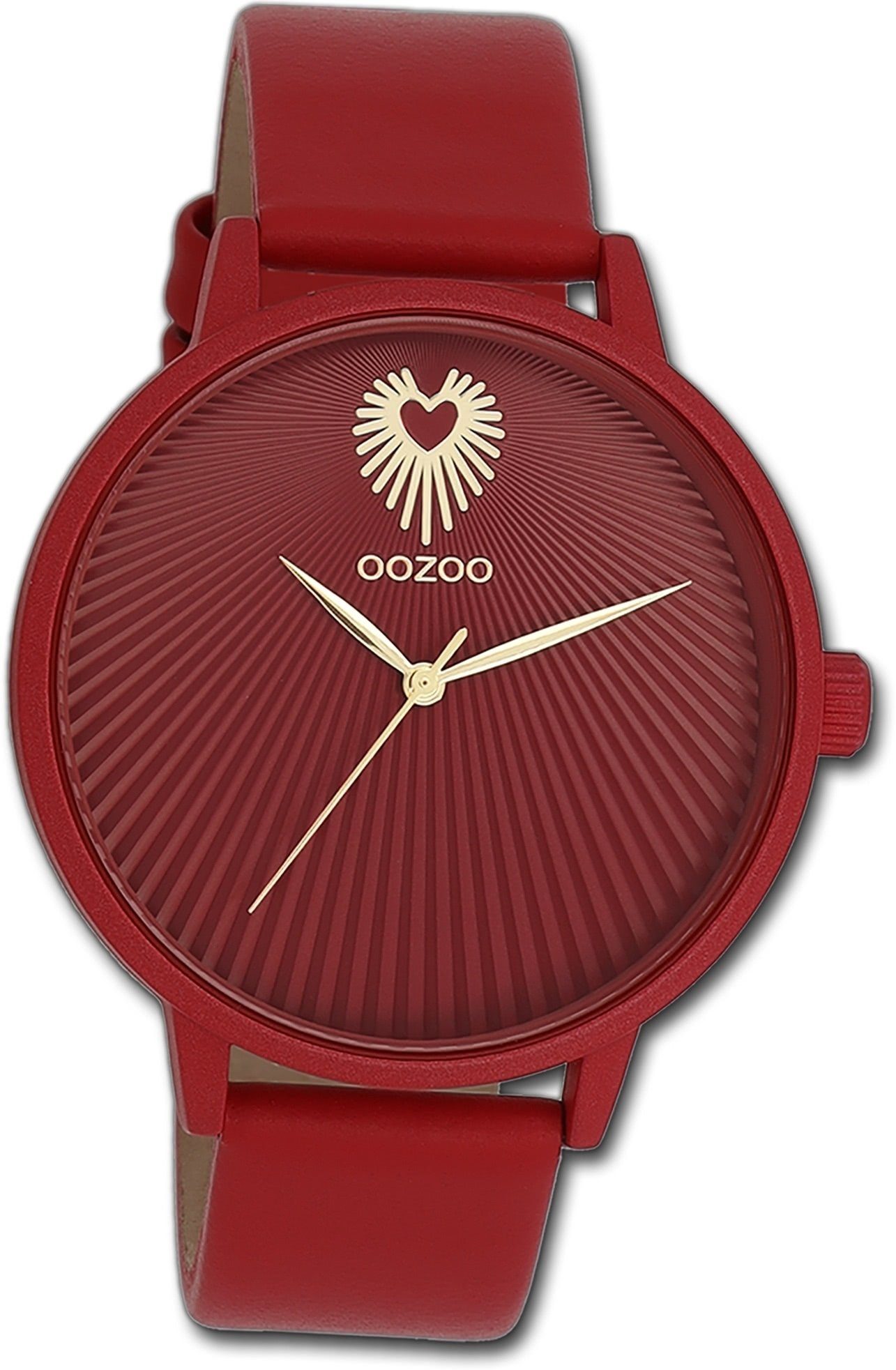 OOZOO Quarzuhr Oozoo Damen Armbanduhr Timepieces, Damenuhr Lederarmband rot, rundes Gehäuse, groß (ca. 42mm) | Quarzuhren