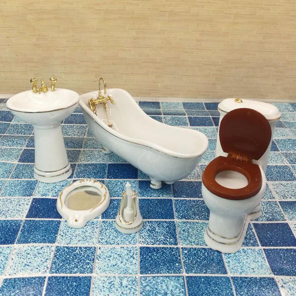 Set Waschbecken CTGtree Miniatur 1/12 Dekoobjekt Zubehör St) Toilette Badewanne (5