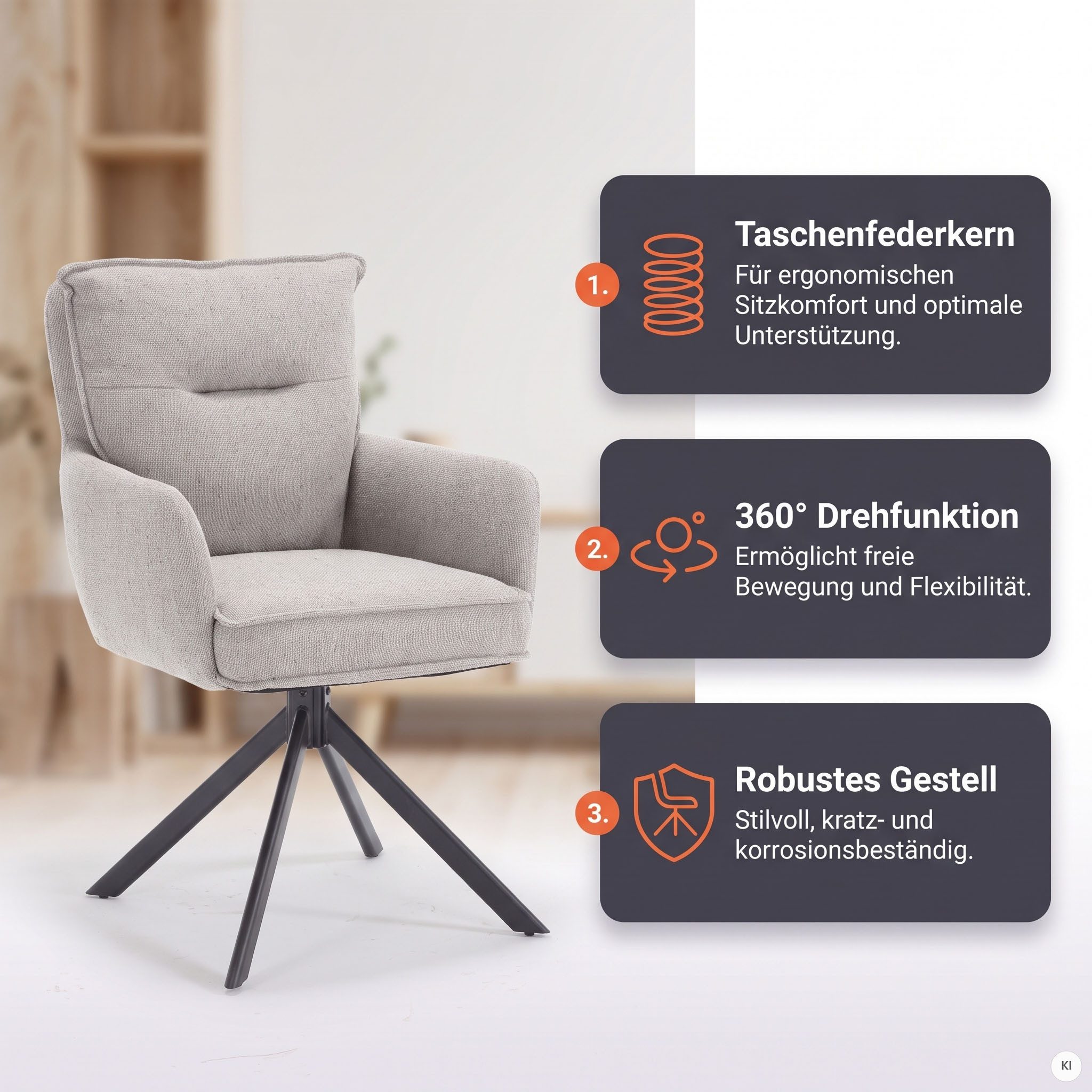 SalesFever Esszimmerstuhl Austin - Armlehnstuhl mit hochwertiger Taschenfederkern-Polsterung (1 St), Esszimmersessel: 360° Drehfunktion mit stilvollem Metallfuß – Bild 3 von 5
