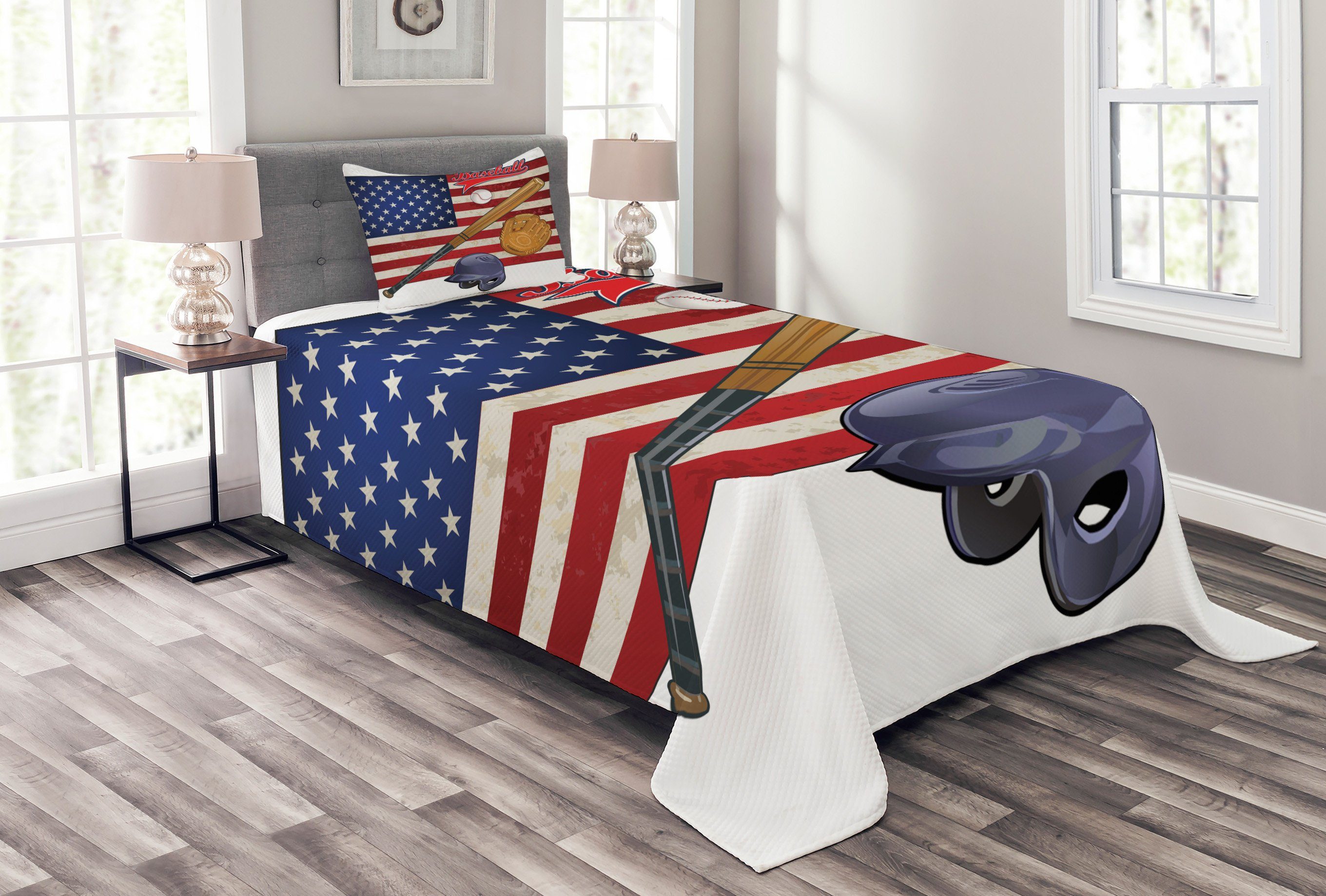 Baseball Tagesdecke USA-Flagge Waschbar, Set und Kissenbezügen Abakuhaus, amerikanisch mit
