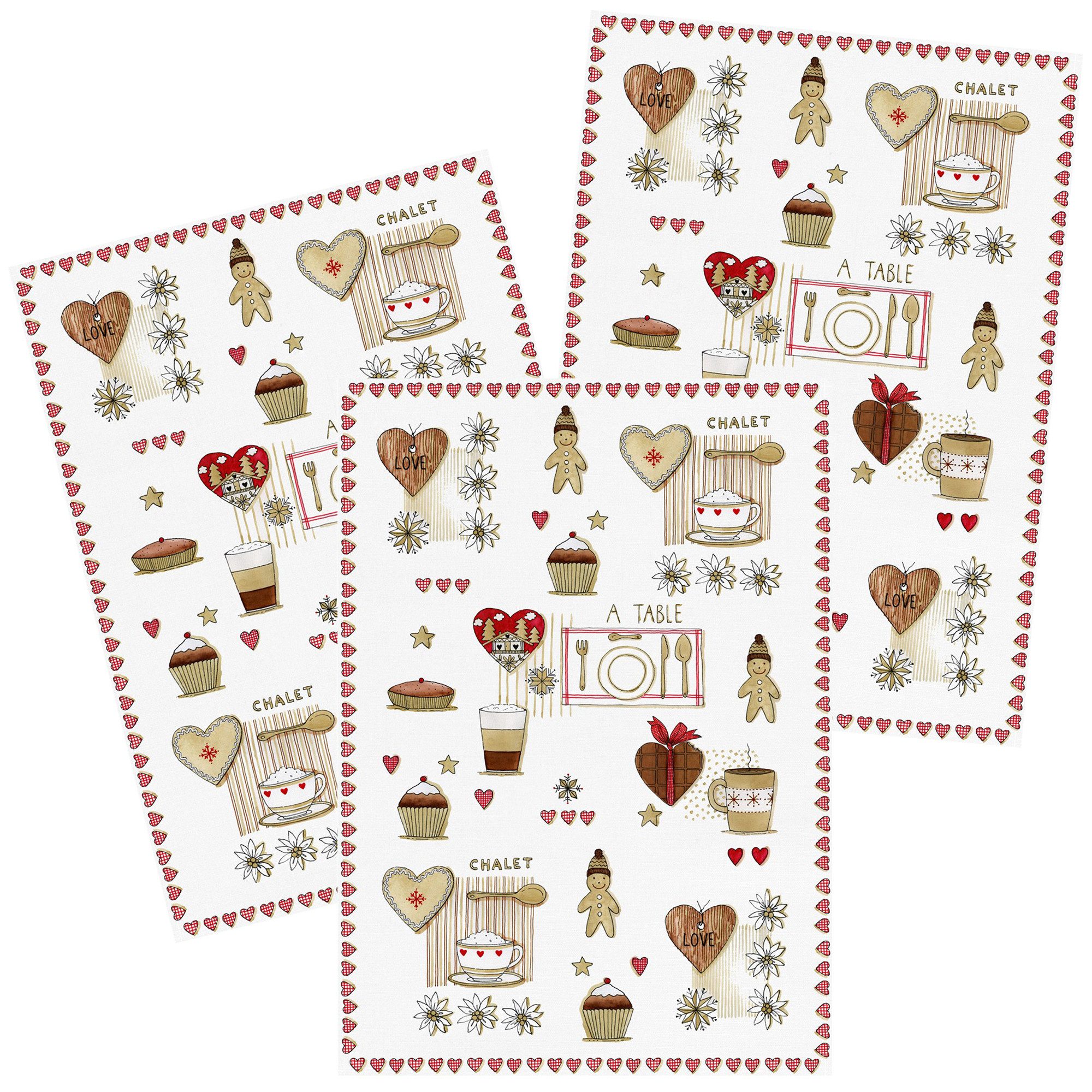 Kracht Geschirrtuch Chalet, (Set, 3-tlg., 3-teilig), 3er Pack Geschirrtücher (3 Stück), ca. 50 x 70 cm, Halbleinen bedruckt