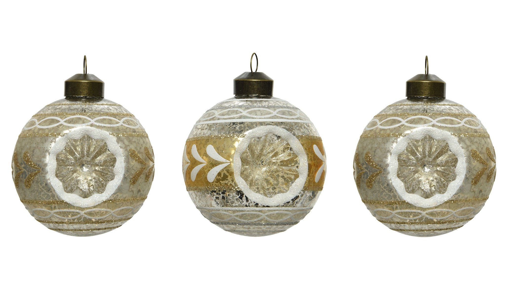 Informationen zum Versandhandel Decoris season Set Weihnachtskugeln 8cm Ornamenten decorations mit Nostalgie 3er Glas hellgold, Weihnachtsbaumkugel