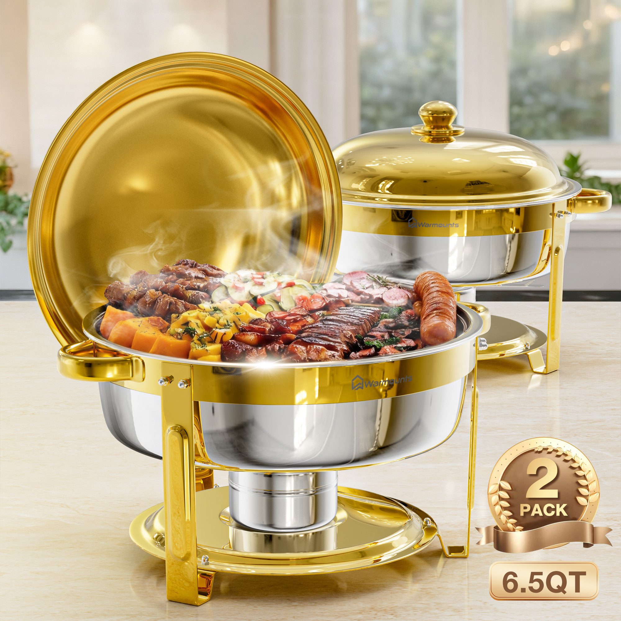 Warmounts Speisenwärmer 6,2L Buffetwärmer Edelstahl Rund Gold, (2-tlg., 6,5QT Buffet Warmhalter Set), mit Deckelhalter für Catering, Hochzeit, Party, Spülmaschinengeeignet