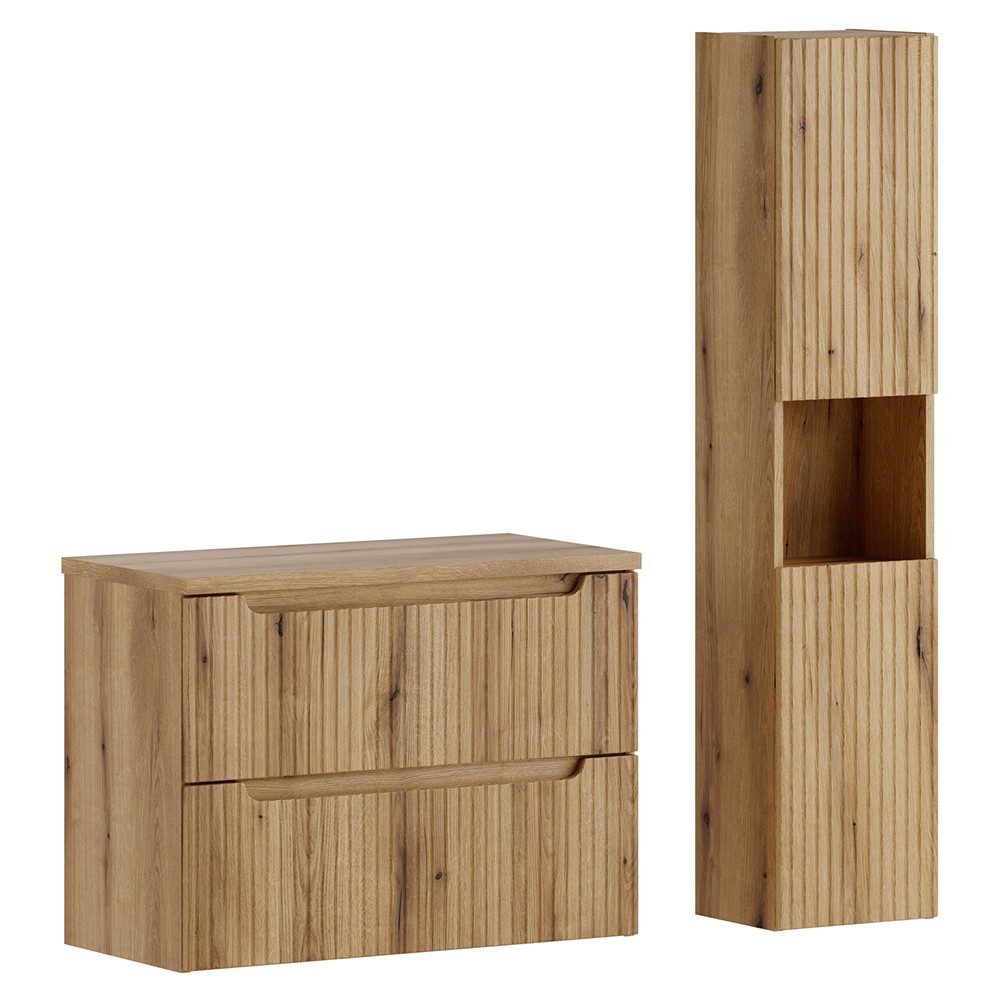 Lomadox Badmöbel-Set NEWPORT-56-EVOKE, (Spar-Set, 2-St., Waschtischunterschrank Hochschrank), in Eiche mit gerillter Front