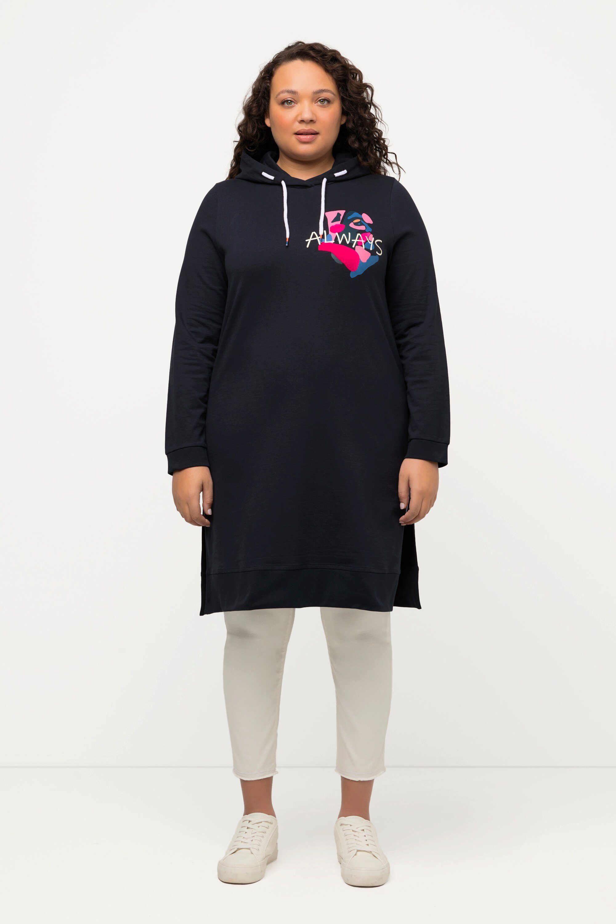 Ulla Popken Sweatshirt Long-Hoodie Schriftmotiv Seitenschlitze günstig online kaufen