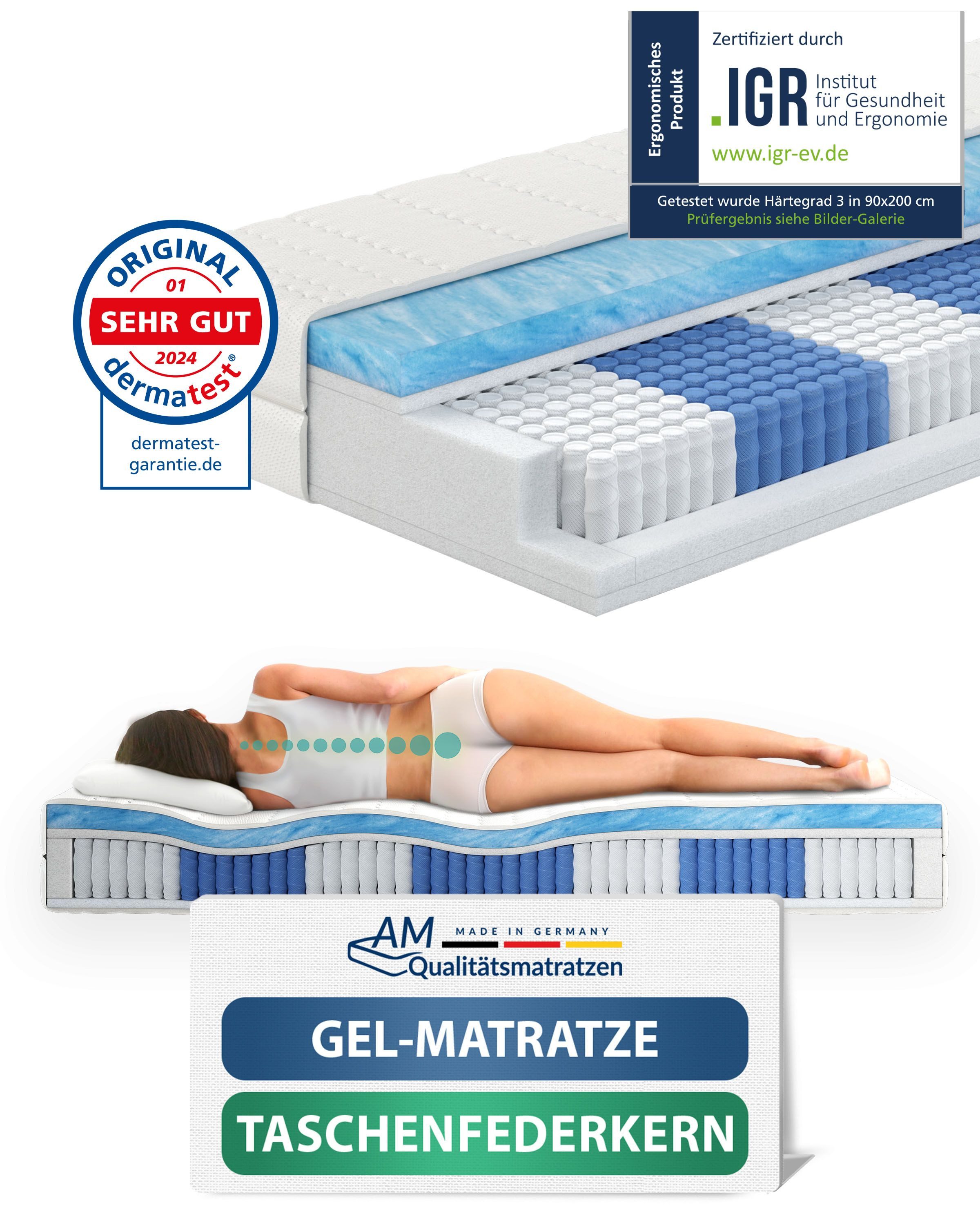 Taschenfederkernmatratze 1000 Federn, 7-Zonen Federkernmatratze, Memory Foam Gelschaum-Matratze, AM Qualitätsmatratzen, 24 cm hoch, 80x200 cm