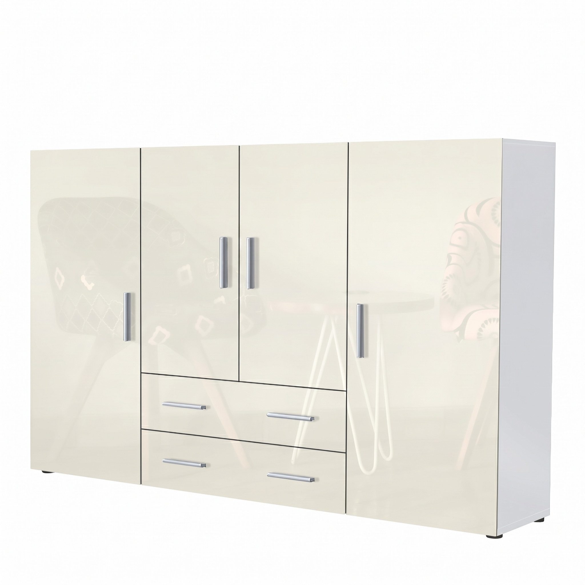 Vladon Highboard Nora (Anrichte mit 2 Schubladen, und 4 Türen mit insgesamt 8 Fächer dahinter), Weiß matt/Creme Hochglanz (166,5 x 106,5 x 35 cm)