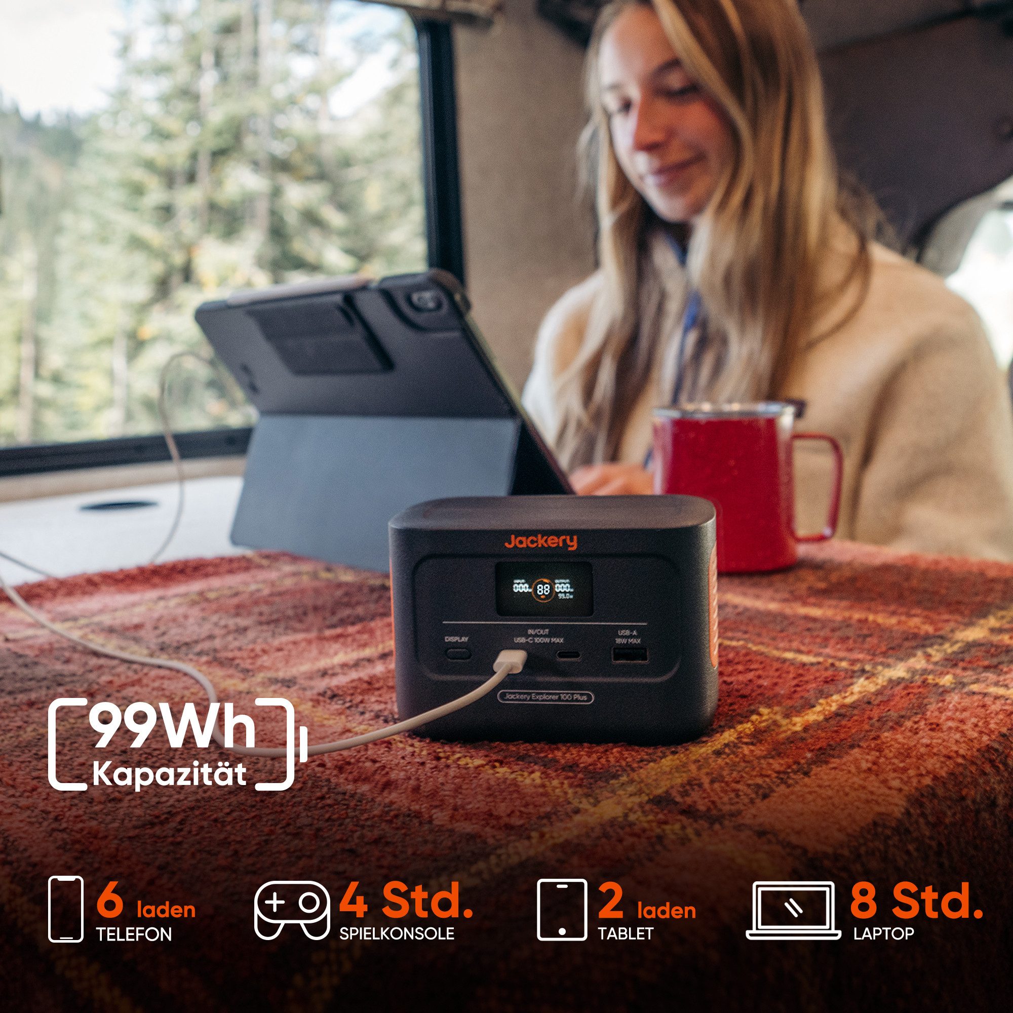 Jackery Solargenerator 100 Plus tragbare Powerstation mit 1xSolarSaga 40W Mini, 99Wh Solar Generator mit 128W Ausgang, 3-Port Schnellladung für Camping/Wohnmobil 6200 mAh (12, 5, 9 V)