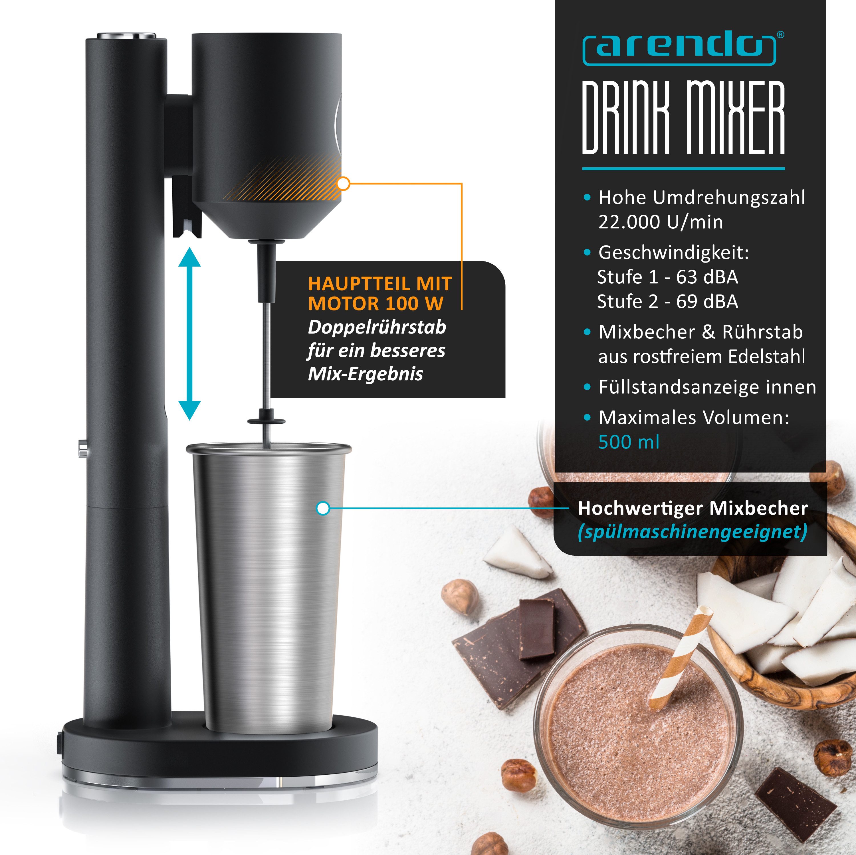 Arendo Standmixer Elektrischer Getränkemixer, 22.000 U/min, schwarz, 2 Stufen Doppelstab, 100 W, Milkshakes, Smoothies, Cocktails, Eiweißshaker, spülmaschinenfe – Bild 3 von 5
