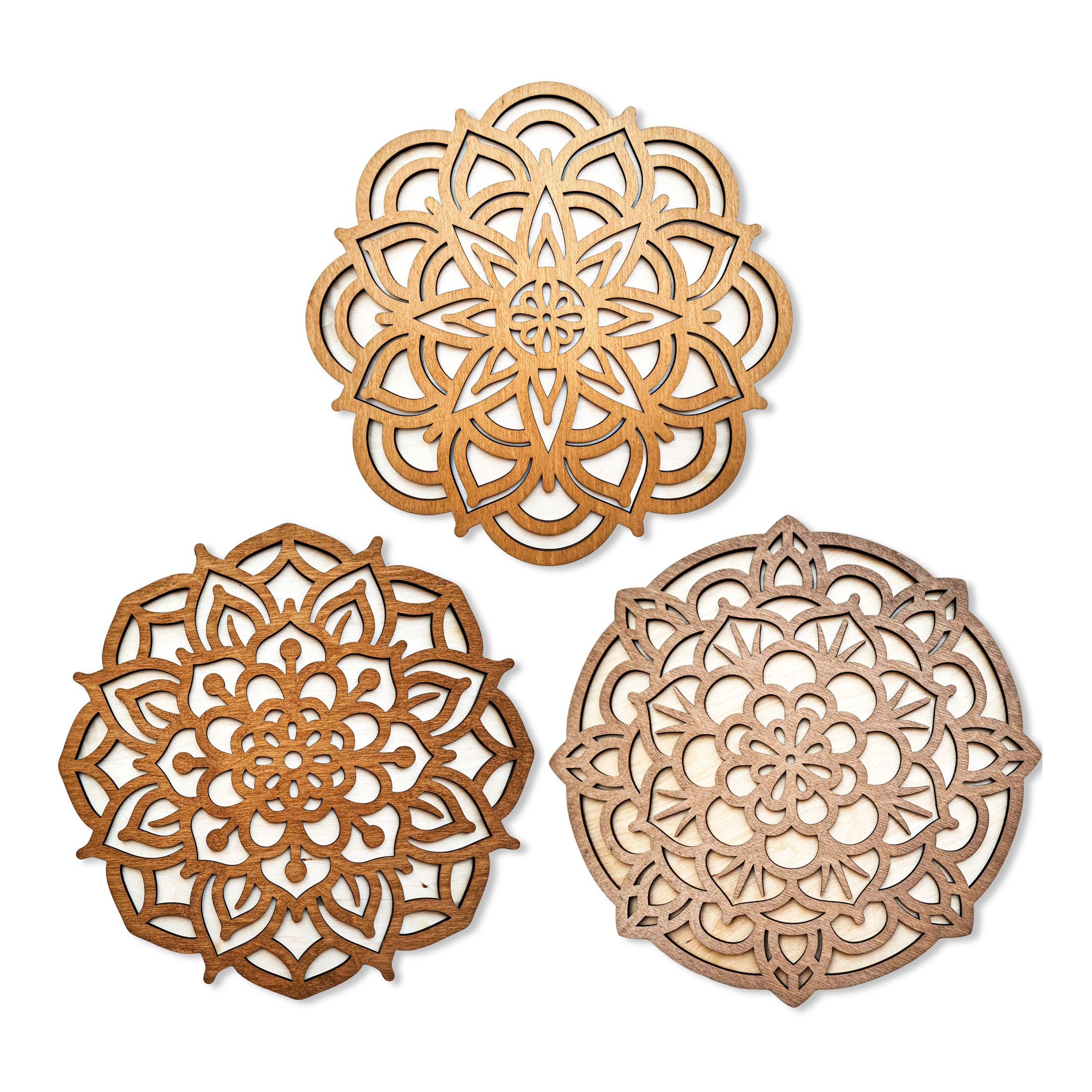 ORNAMENTI Wanddekoobjekt 3D Wanddeko aus Holz für Wohnzimmer,Mandala, 3er-Set Dekore (Hingucker Wandbild, Holzbild, Holzdeko, stilvolle Wanddekoration, Wandpaneel, Ornament, Wandrelief), Verzierung fur Zuhause, Wandkunst, Dekorative Skulptur