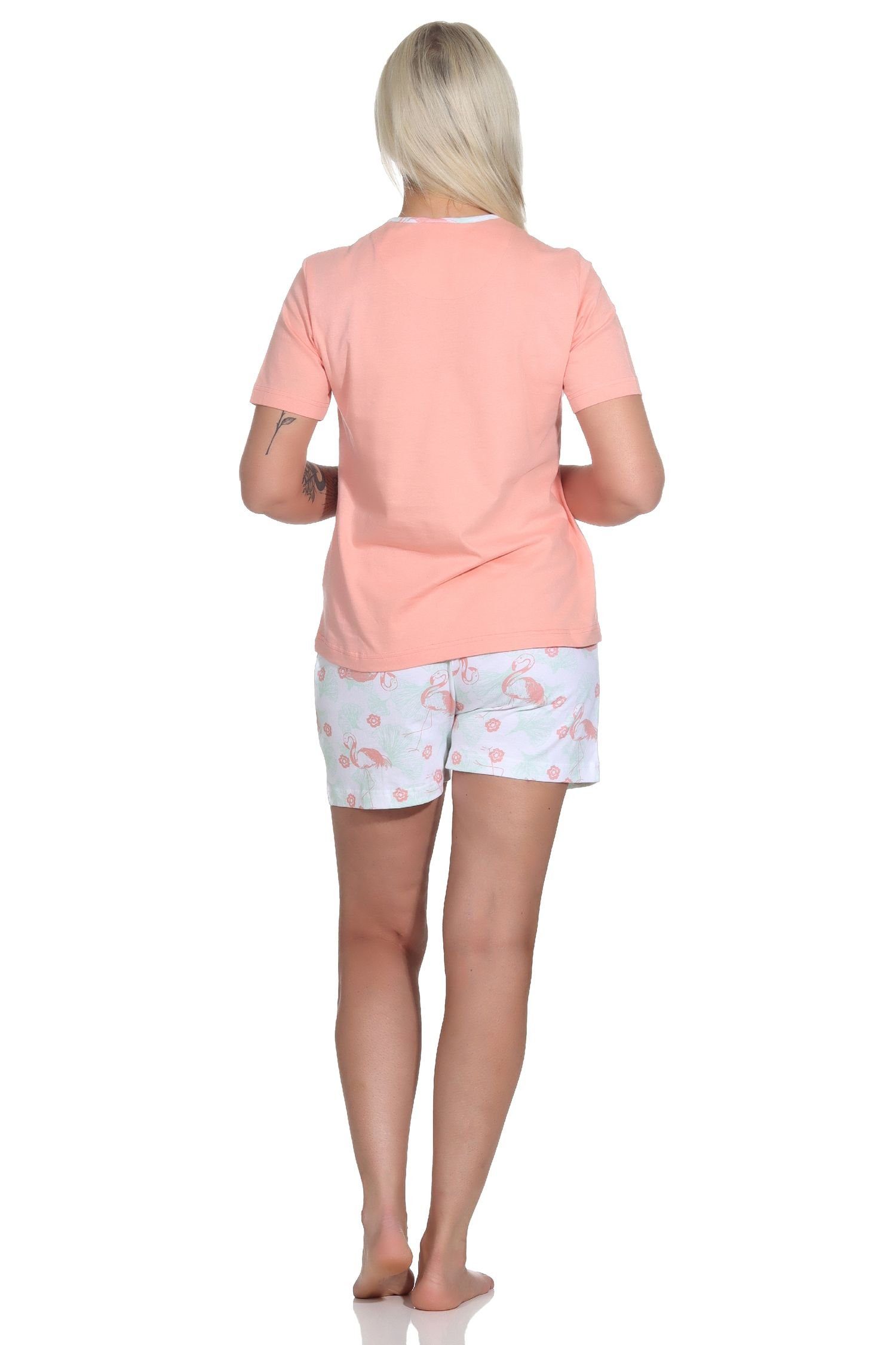 mit Pyjama Normann Damen apricot Shorty Flamingo Pyjama Schlafanzug Motiv kurzarm