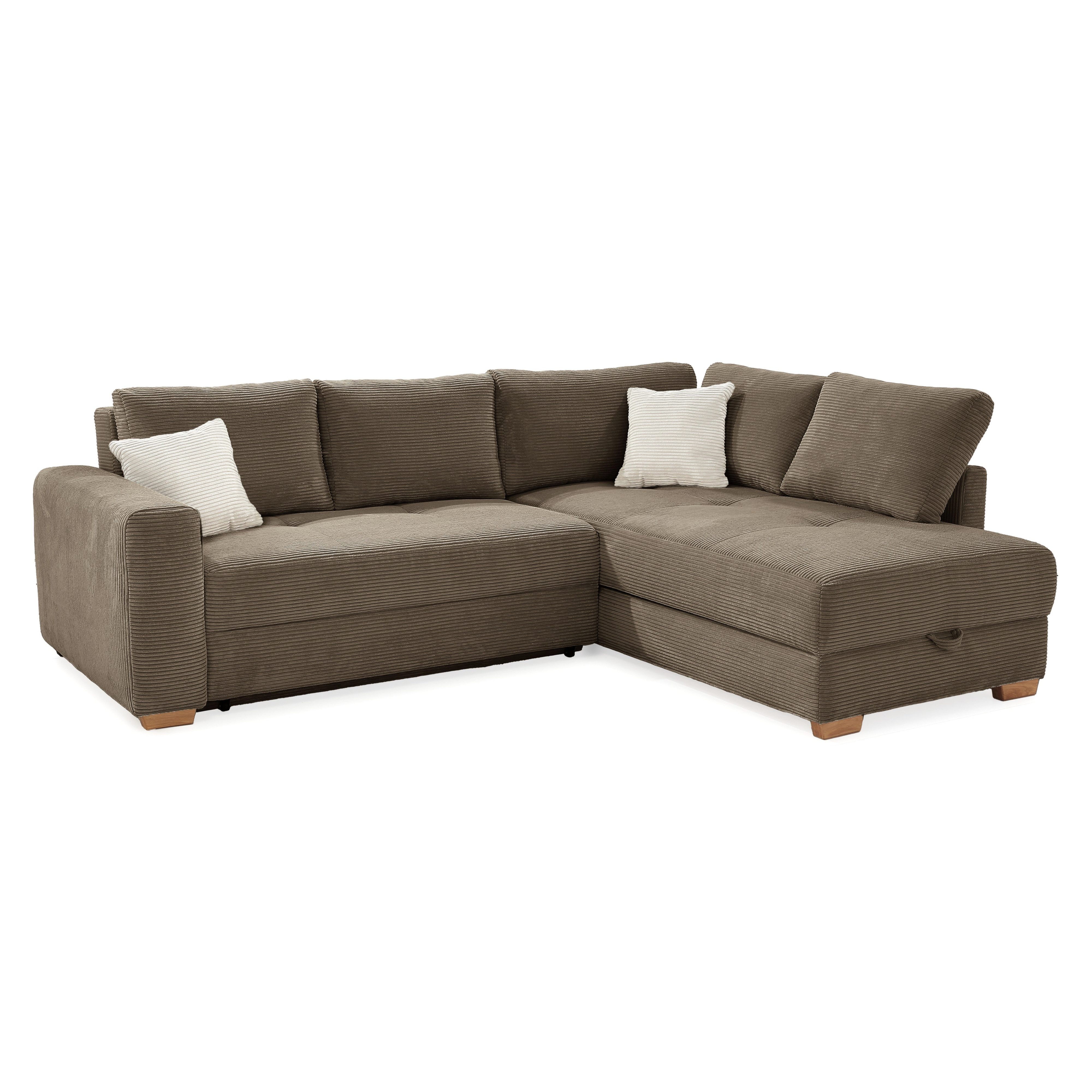 luma-home Ecksofa 15210, Dauerschläfer B257/T206/H85 cm mit Bettkasten und separatem Topper, Boxspringpolsterung, Ottomane links oder rechts, Cord Braun Taupe