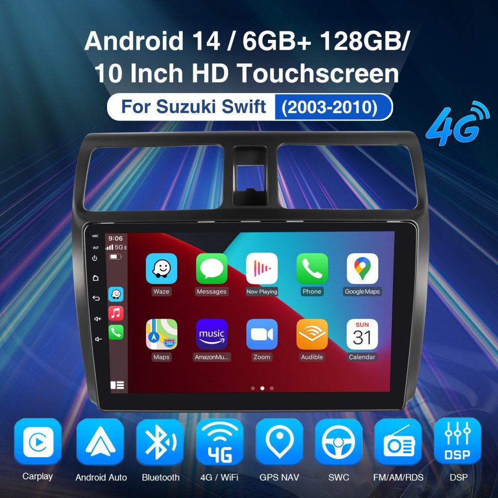ESSGOO 6+128G 8-Kern Autoradio für Suzuki Swift 2005-2010 Android 14 Carplay Autoradio (DAB+ (optional), RDS, 6GB+128GB, AM, FM, 4G, Wireless Apple Carplay & Android Auto,2 DIN,WMA,ASP)