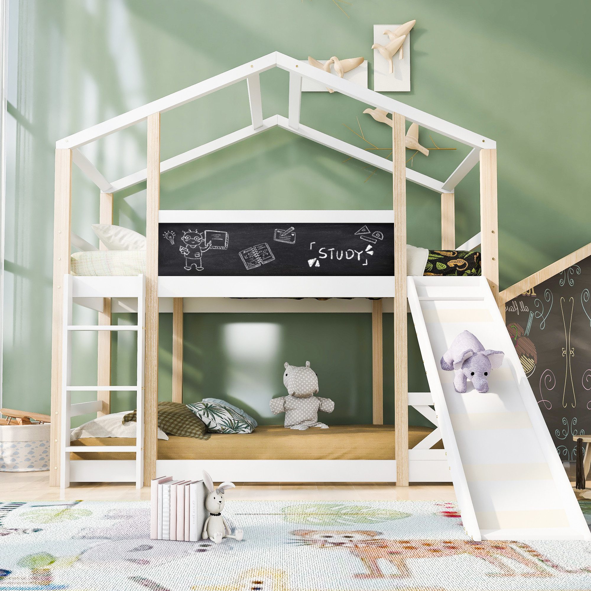 MODFU Etagenbett Kinderhochbett Spielbett (Hausbett, 90x200 cm mit Leiter und Fallschutz), ohne Matratze