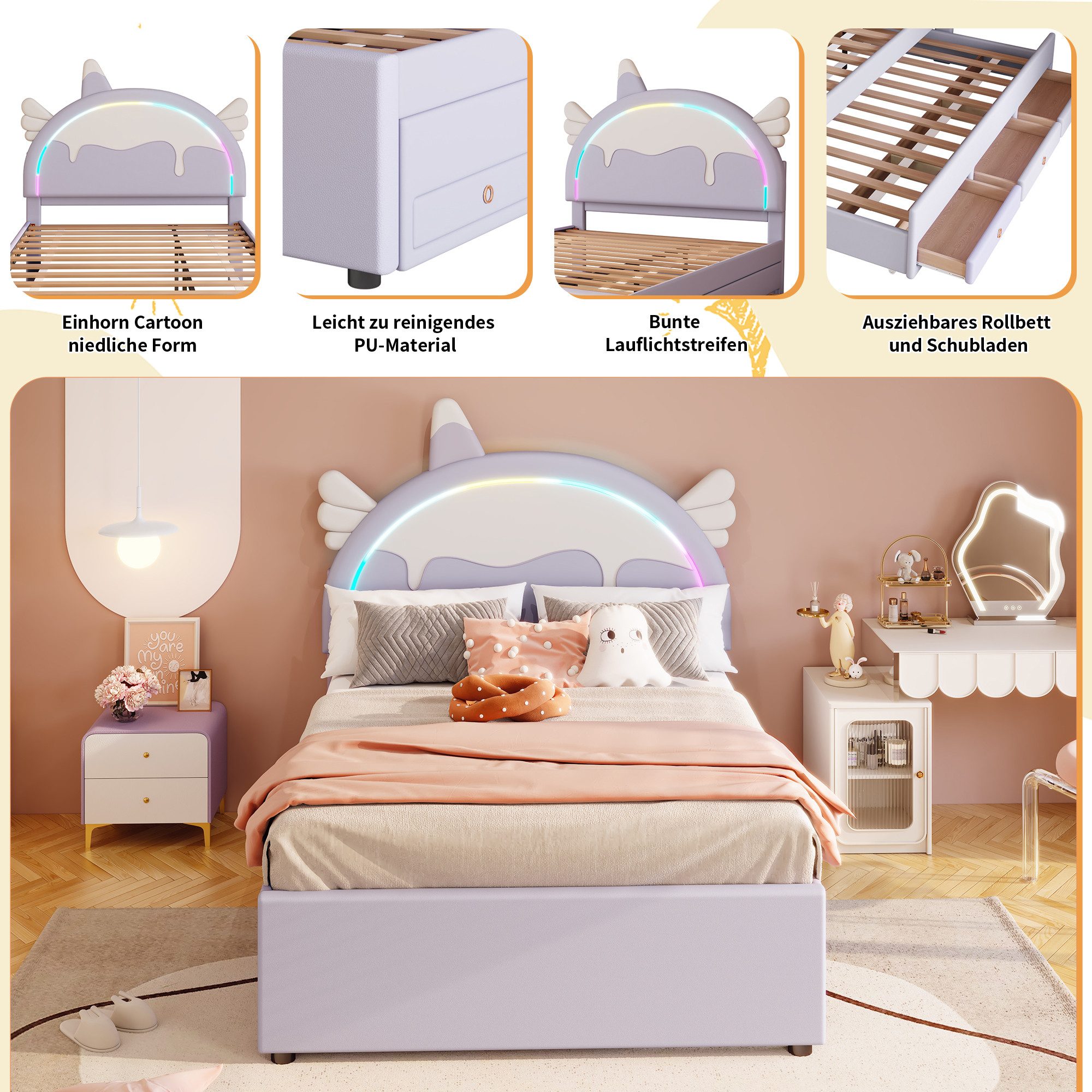 TavilaEcon Kinderbett Cartoon Einhornform Kinderbett Familienbett Jugendbett, PU, ausgestattet mit ausziehbares Rollbett, 90x200cm/90x190cm