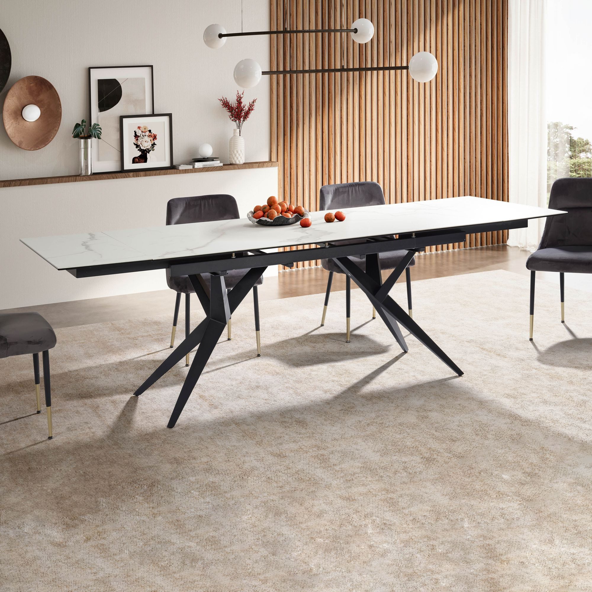 FINEBUY Esstisch FB64090 Ausziehbarer 180–260 cm Keramik Glas Metallgestell Design (180 - 260 cm Glas Keramik Weiß, Ausziehbar Modern), Esszimmertisch Metallbeine, Keramiktisch Esszimmer