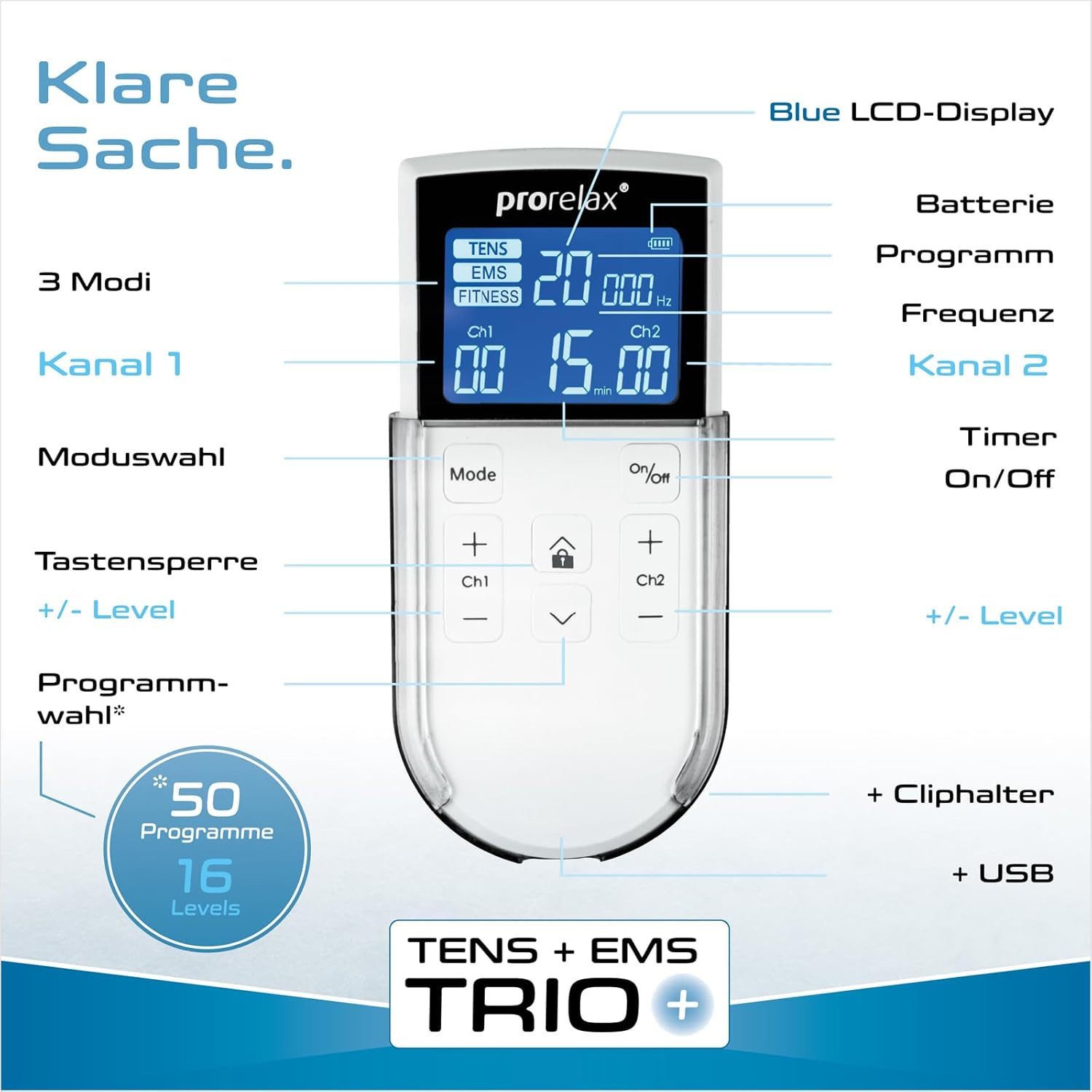 prorelax TENS-EMS-Gerät PRORELAX Elektrostimulationsgerät TENS/EMS Trio+ 10010 Reizstromgerät