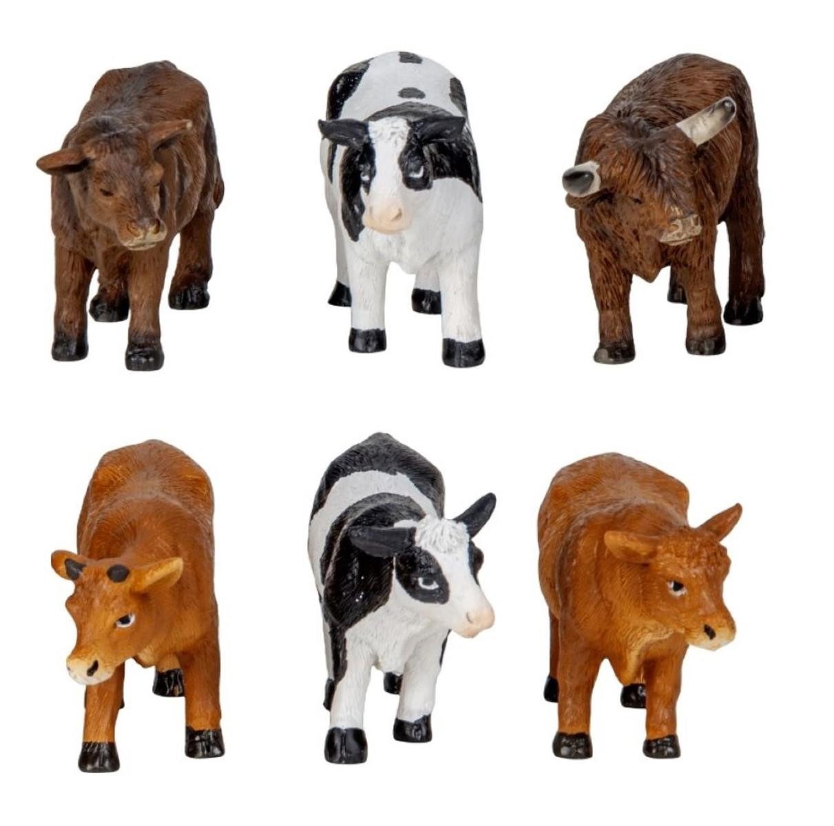 Geschenkestadl Tierfigur Kuh Figuren 6er Set Mini Deko Bauernhof schwarz braun Galloway (Spar-Set, 6 verschiedene Kühe und Rinder in 2 Größen wählbar), vielseitige Dekoration