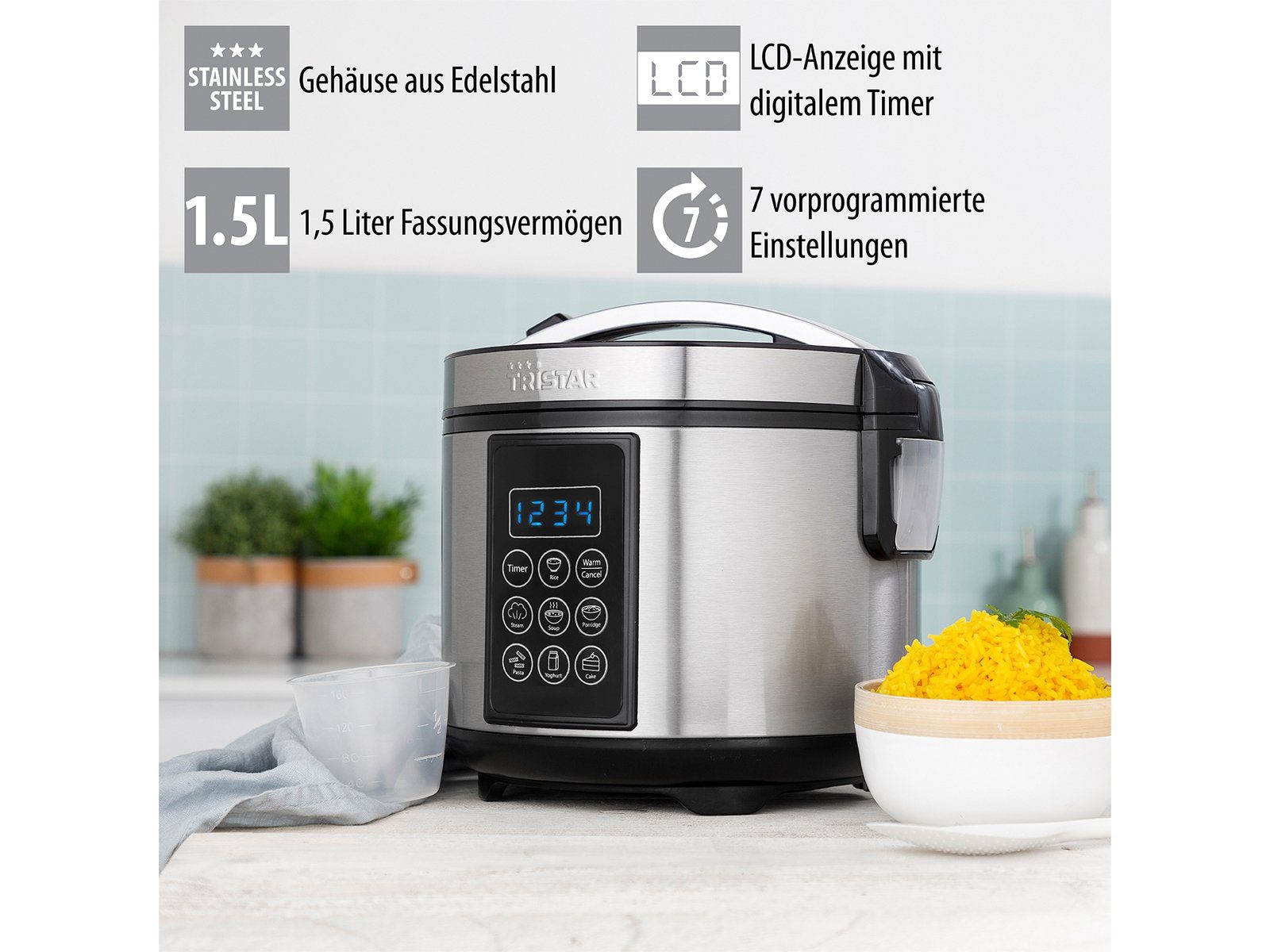 Tristar Reiskocher, 500 W, digitaler Multi-Kocher Kochautomat & Gemüse-Dampfgarer für Sushi Reis