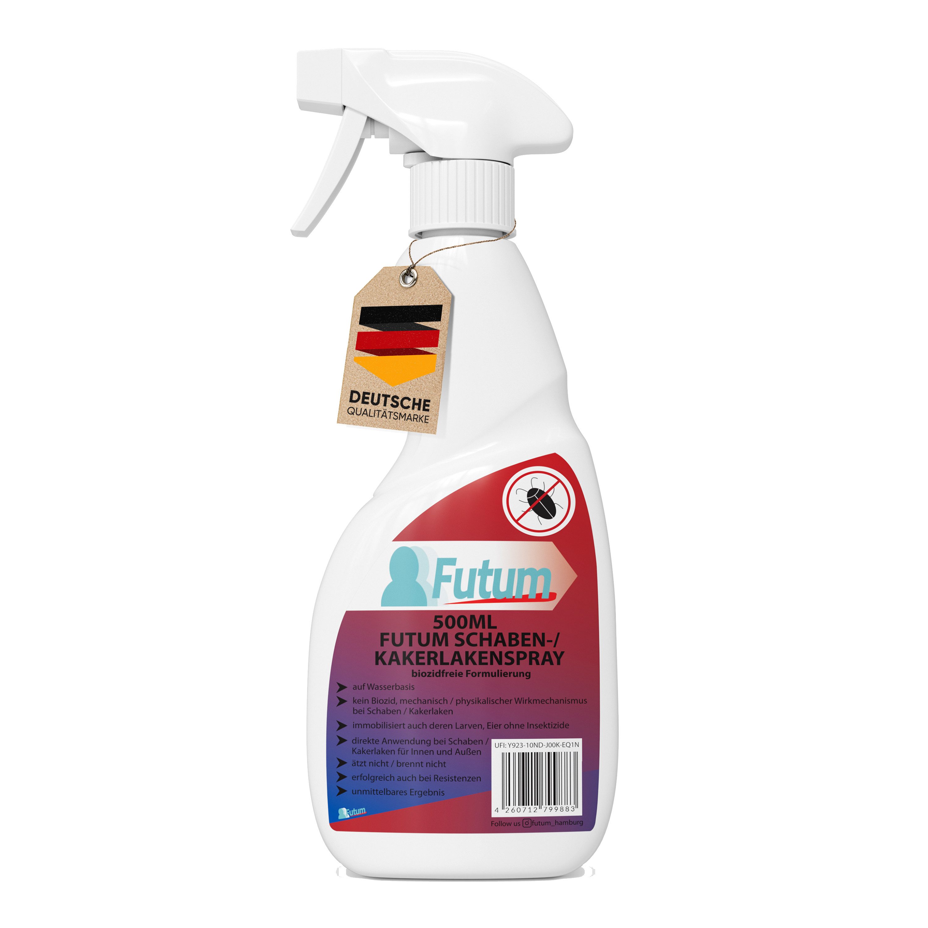FUTUM Insektenspray Kakerlaken Spray Schaben Spray Küchenschaben Abwehr, 1-St., biozidfreie Formel, auf Wasserbasis, geruchsarm, brennt / ätzt nicht