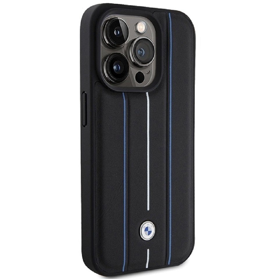 BMW Handyhülle Case iPhone 15 Pro Max Echtleder Streifen schwarz Logo 6,7 Zoll, Kantenschutz