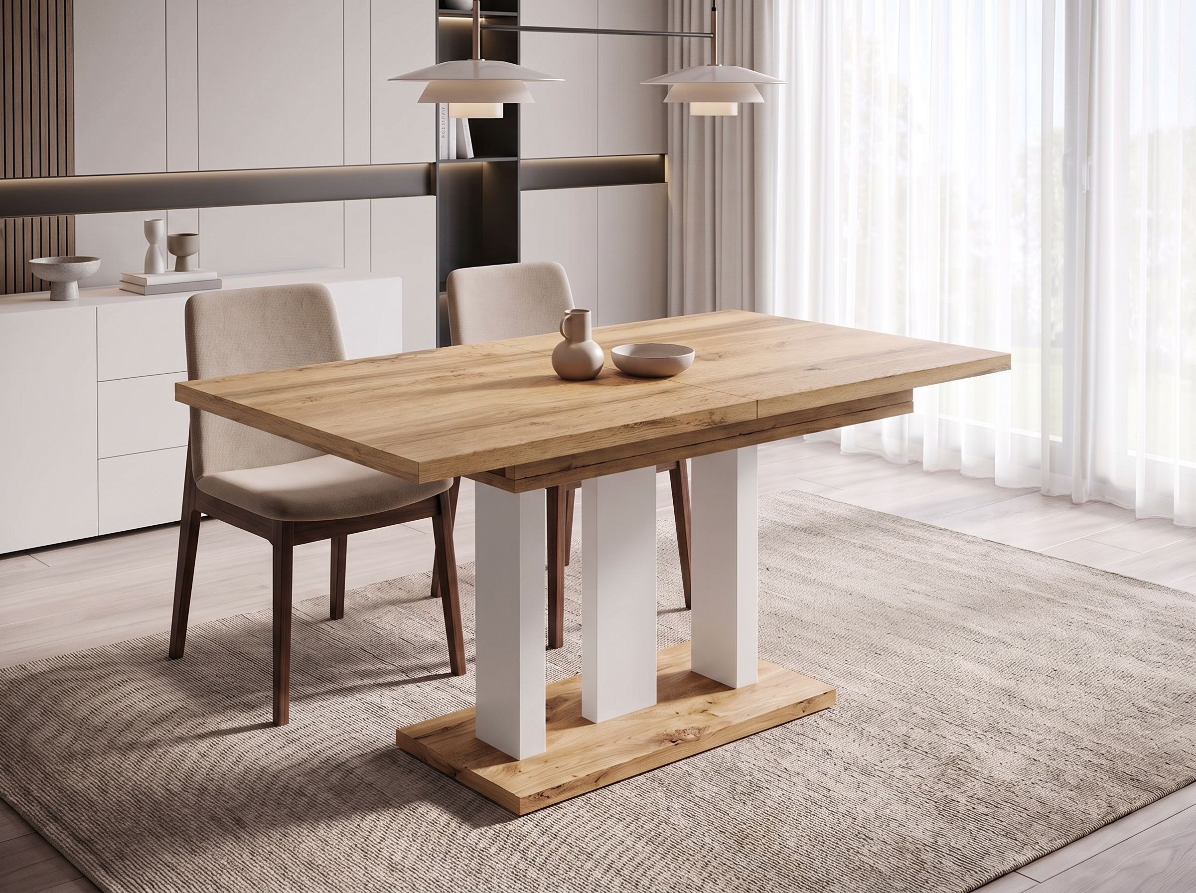 Endo-Moebel Säulen-Esstisch "Appia White" 130-210cm ausziehbar, erweiterbar, modern (1 Tisch), 2 Erweiterungsplatten, für 4, 6 oder 8 Personen, weiße Beine