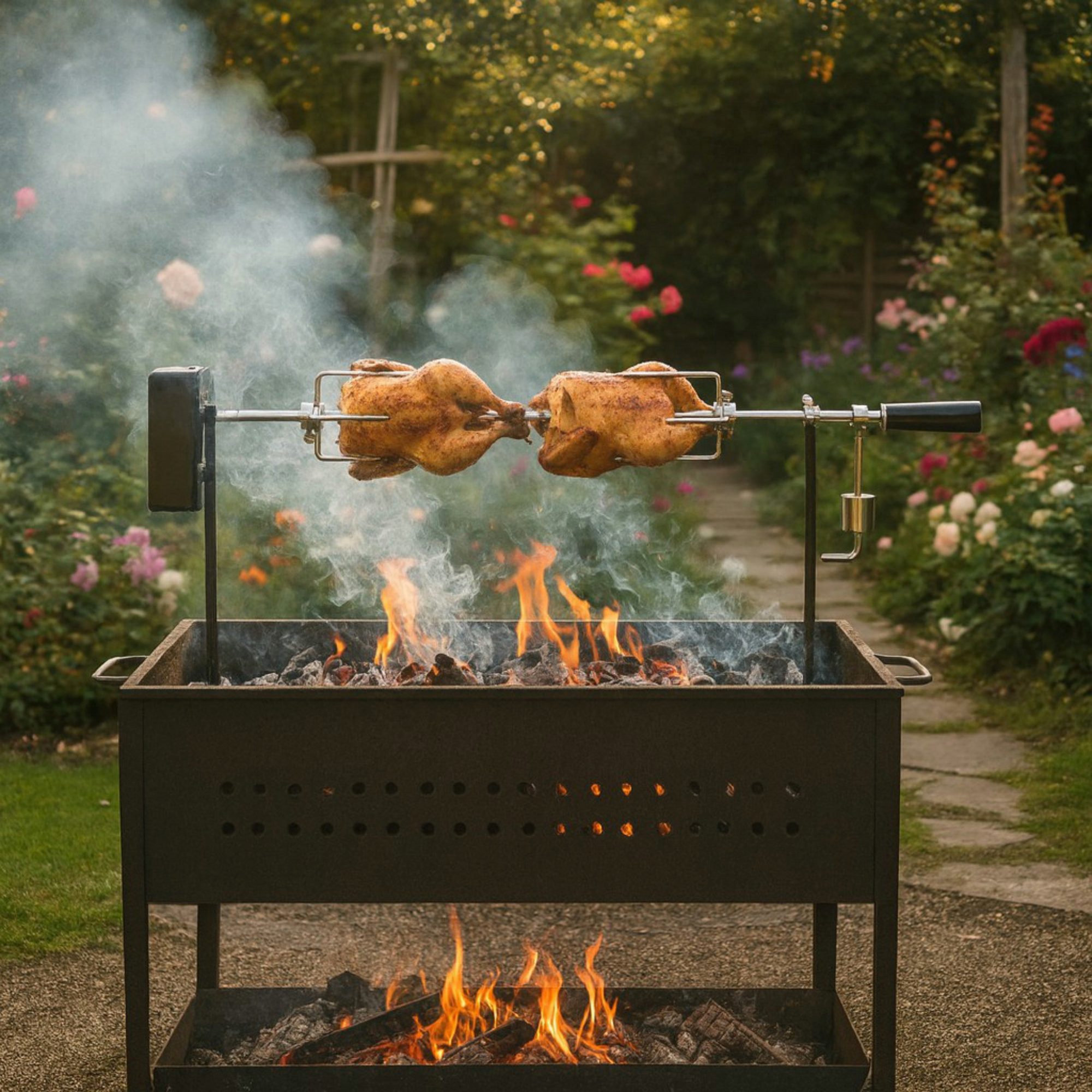 BBQ-Toro Lagerfeuer-Grillspieß Grillspieß Set 93,5 cm, 2 Fleischnadeln, Grillspieß mit Motor, Hähnche, Batterien nicht im Lieferumfang enthalten