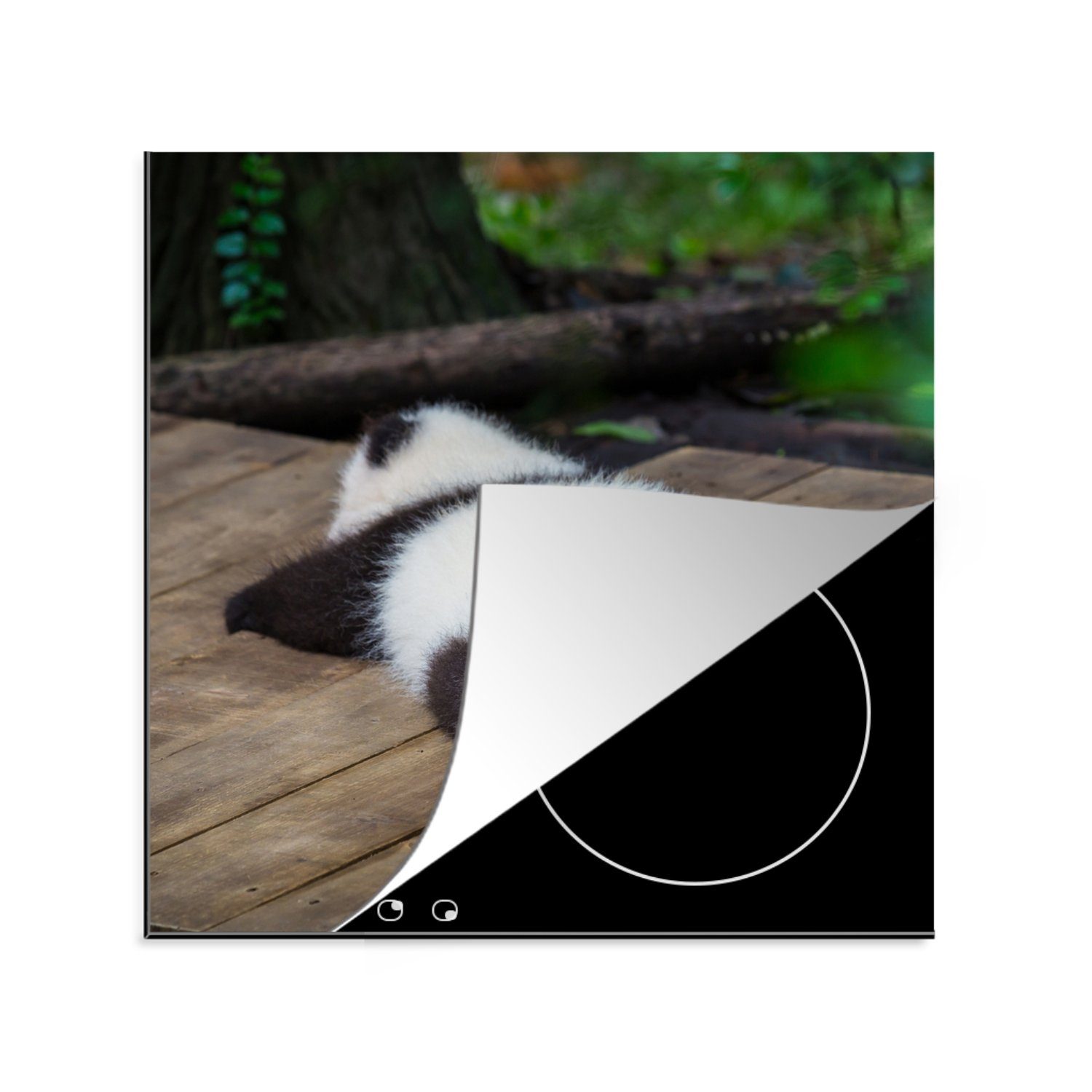 Vinyl, Ceranfeldabdeckung, Tiere, - Arbeitsplatte Panda tlg), für küche 78x78 - Herdblende-/Abdeckplatte cm, (1 Holz MuchoWow