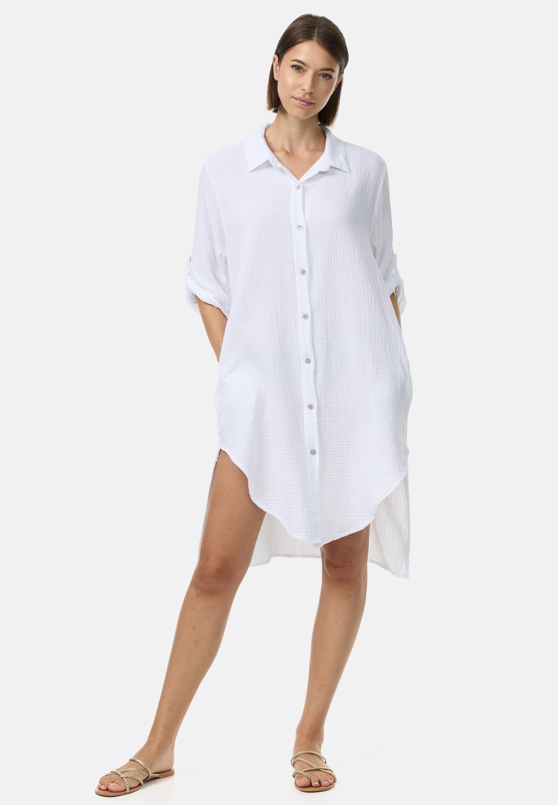 Rayshyne Longbluse PM50 (Trendige Musselin Longbluse Tunika) Perlmuttknöpfe, Atmungsaktiv, Hautfreundlich
