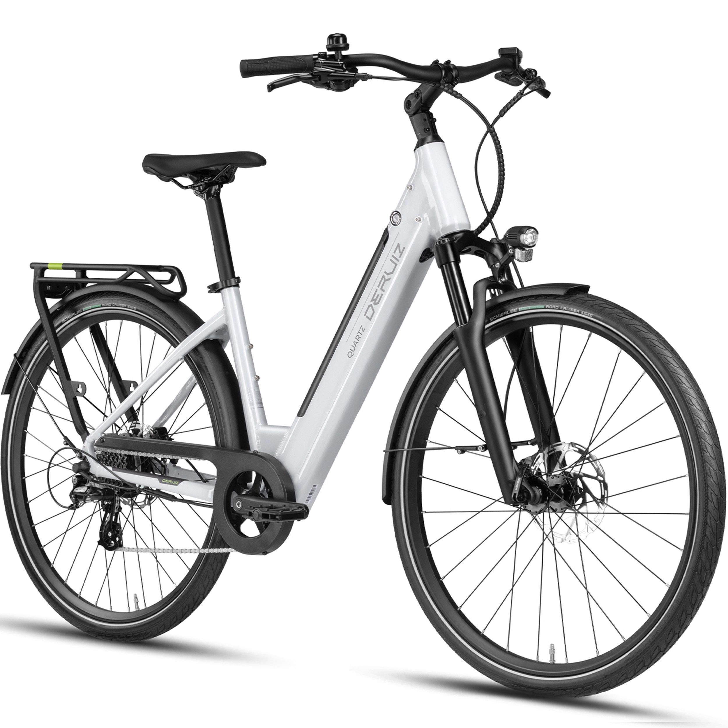 DERUIZ E-Bike Cityrad 28 Zoll, Elektrofahrrad, max. 150km, Drehmomentsensor, 8 Gang Shimano Altus RD-M310 Schaltwerk, Kettenschaltung, Heckmotor, 644 Wh, (Federgabel mit Lockout, Aluminium-Schutzbleche, leicht, nur ca. 24kg), mit Bluetooth & APP, RH: 44cm, mit Bremslicht, Hydr. Scheibenbremsen