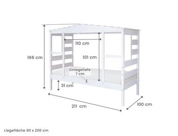 Ticaa Hausbett Hausbett mit Bettkasten "Amelie" Kiefer Weiß (Set, Hausbett mit Vorhangstoff), stellbar zu einem Einzelbett