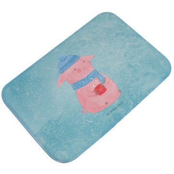 Badematte Schweinchen Glühwein - Eisblau - Geschenk, Weihnachtsdeko, Badematte, Mr. & Mrs. Panda, Höhe 1 mm, 100% Polyester, rechteckig, Saugstark