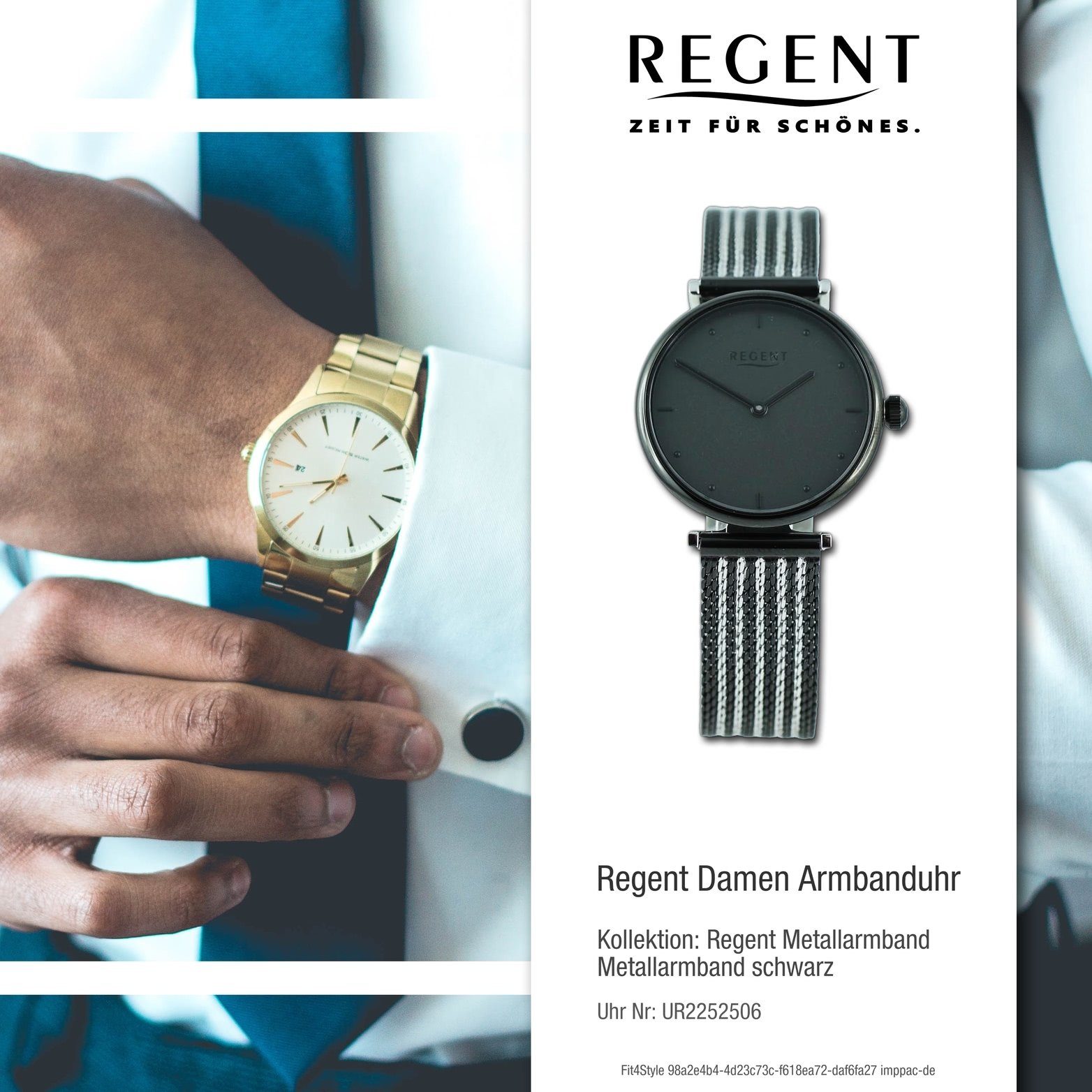 Regent Quarzuhr Regent Damen (ca schwarz, Damenuhr Gehäuse, groß Analog, Armbanduhr silber, rundes 37mm) Metallarmband