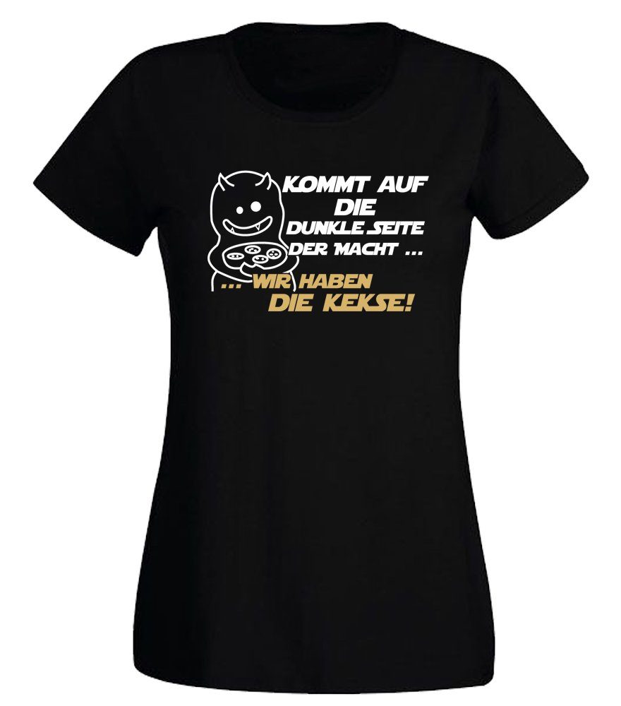 G-graphics T-Shirt Damen T-Shirt - Kommt auf die dunkle Seite … wir haben die Kekse! mit trendigem Frontprint, Slim-fit, Aufdruck auf der Vorderseite, Spruch/Sprüche/Print/Motiv, für jung & alt