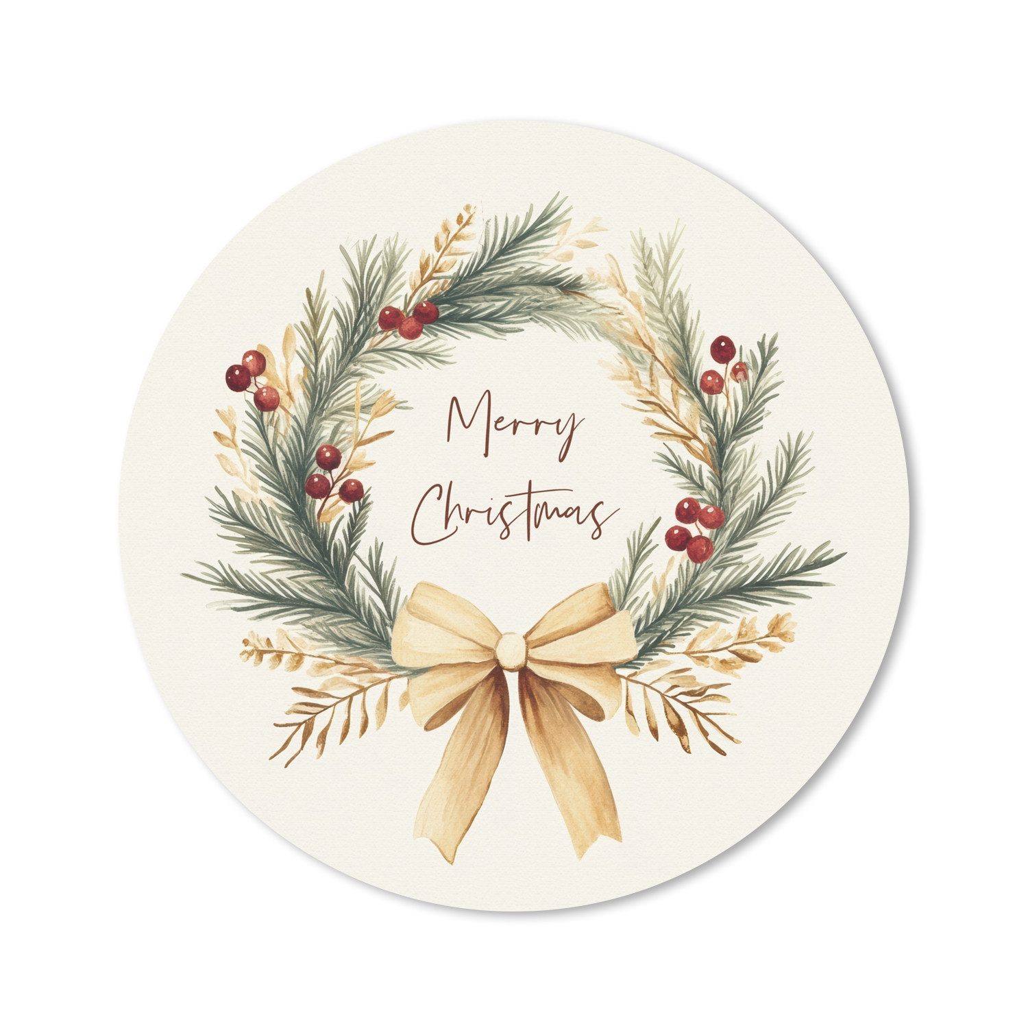 MuchoWow Mauspad Weihnachtskranz - Weihnachten - Gold - Beige (1-St), Mousepad mit Rutschfester Unterseite, Gaming, Rund, 30x30 cm