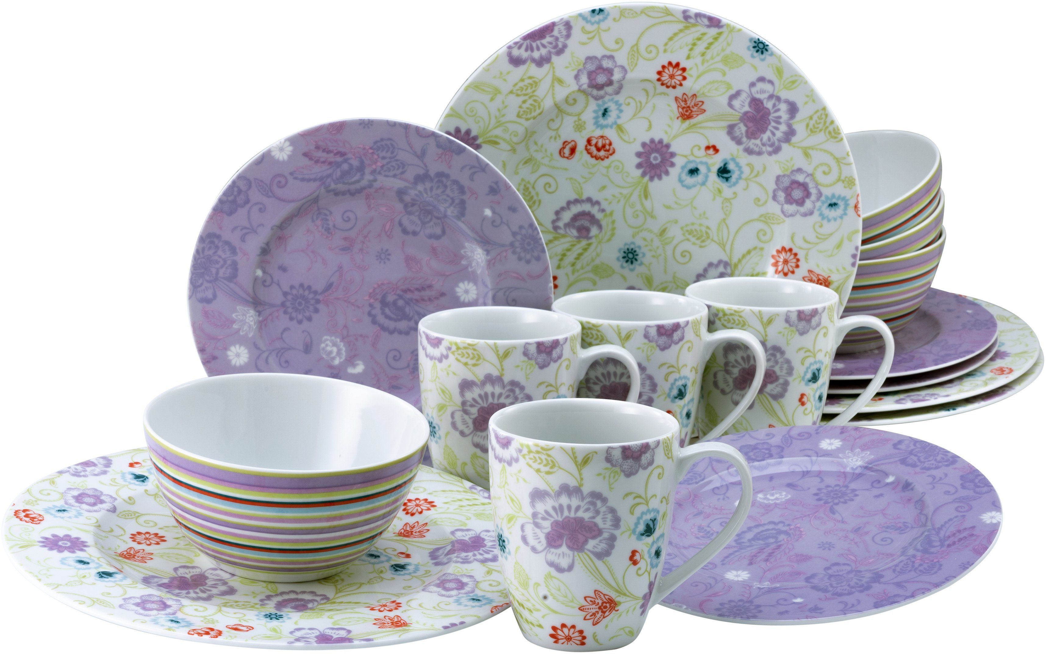 CreaTable Комбіноване обслуговування Geschirr-Set Oriental (16-tlg), 4 Personen, Porzellan, Service, mit fliederfarbenem Blumendekor, 16 Teile, für 4 Personen