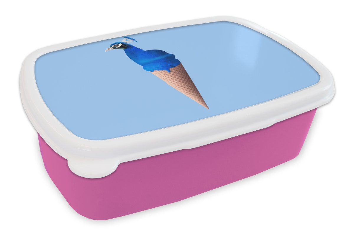 Snackbox, Mädchen, Vogel, Lunchbox - - Kinder, - rosa Brotbox MuchoWow Kunststoff, Brotdose Blau Kunststoff Pfau für - Erwachsene, (2-tlg), Eistüte Eiscreme