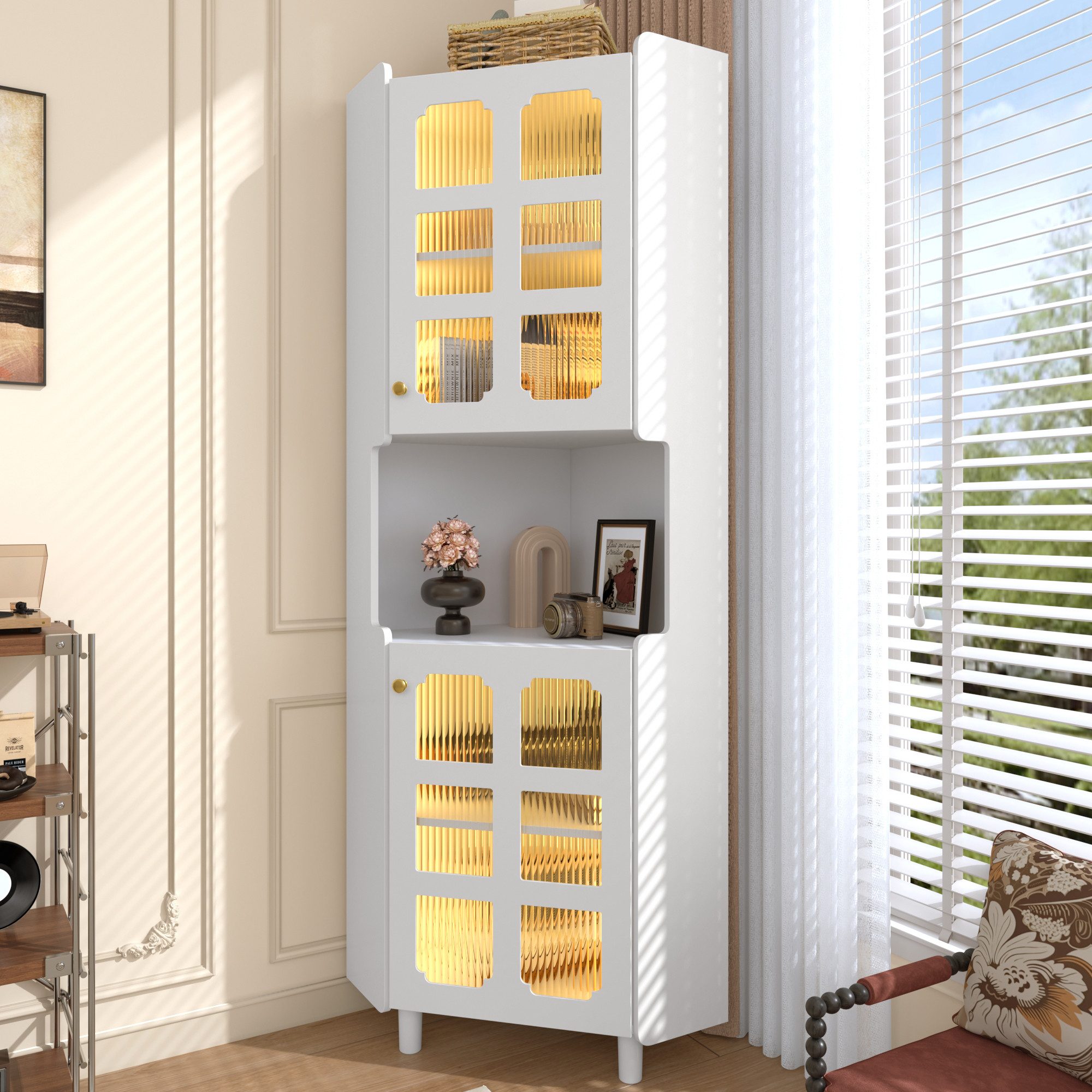Flieks Badkommode Eckschrank mit LED-Beleuchtung und Glastüren (1 St., 63,5x45x157,5 cm), Hochschrank Mehrzweckschrank Eckkommode mit 5 Fächern Weiß – Bild 4 von 5