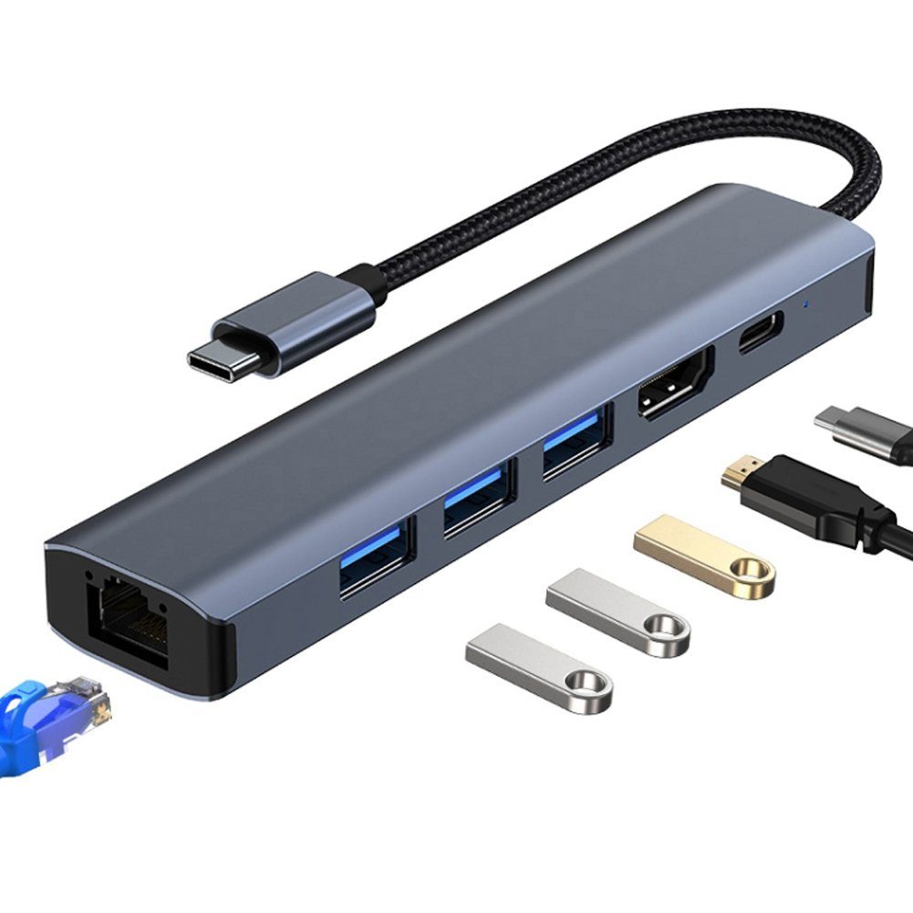 H32C 6in1 Adapter USB Typ-C zu Hub 3x USB 3.0, USB-C mit PD, HDMI RJ45 Computer-Adapter