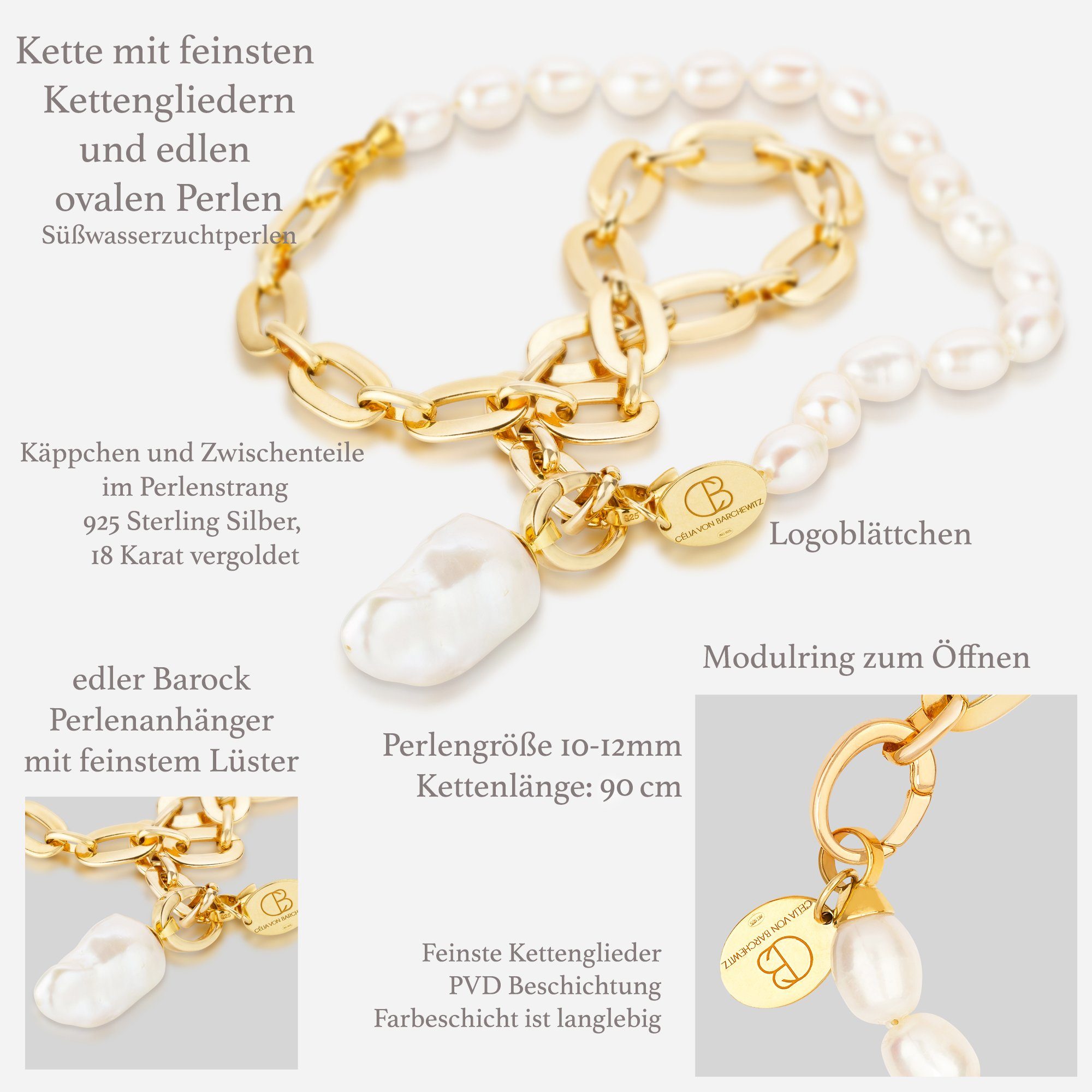 Célia von Barchewitz Perlen-Halskette), gold (Armband mit Ketten Süßwasser-Zuchtperlen Kettenanhänger und Set Armband austauschbar "SARAYU" und Barockperle passende Gliederkette ovale
