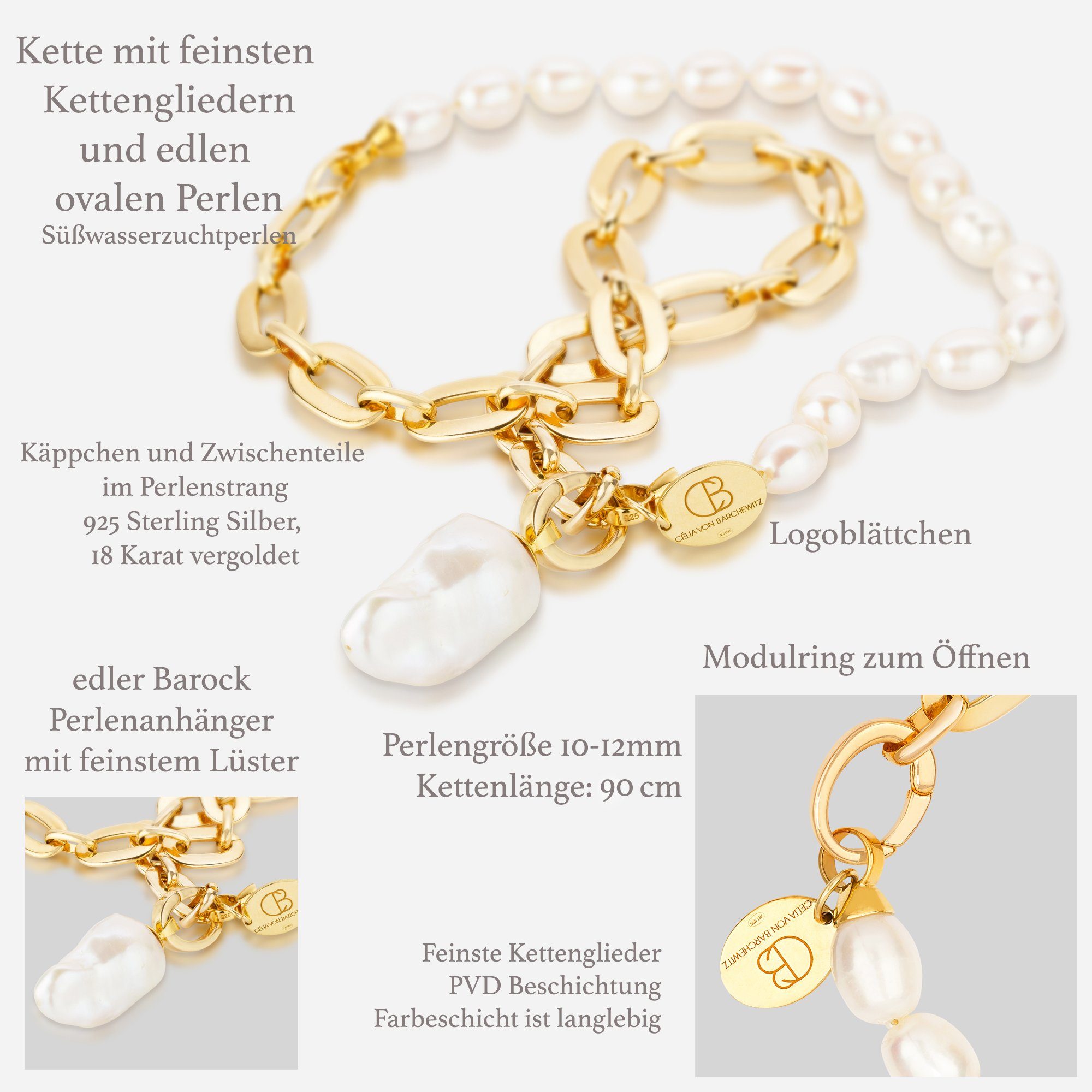 Celia von Barchewitz Ketten und Armband Set "SARAYU" ovale Süßwasser-Zuchtperlen mit Gliederkette (Armband und passende Perlen-Halskette), Kettenanhänger Barockperle austauschbar