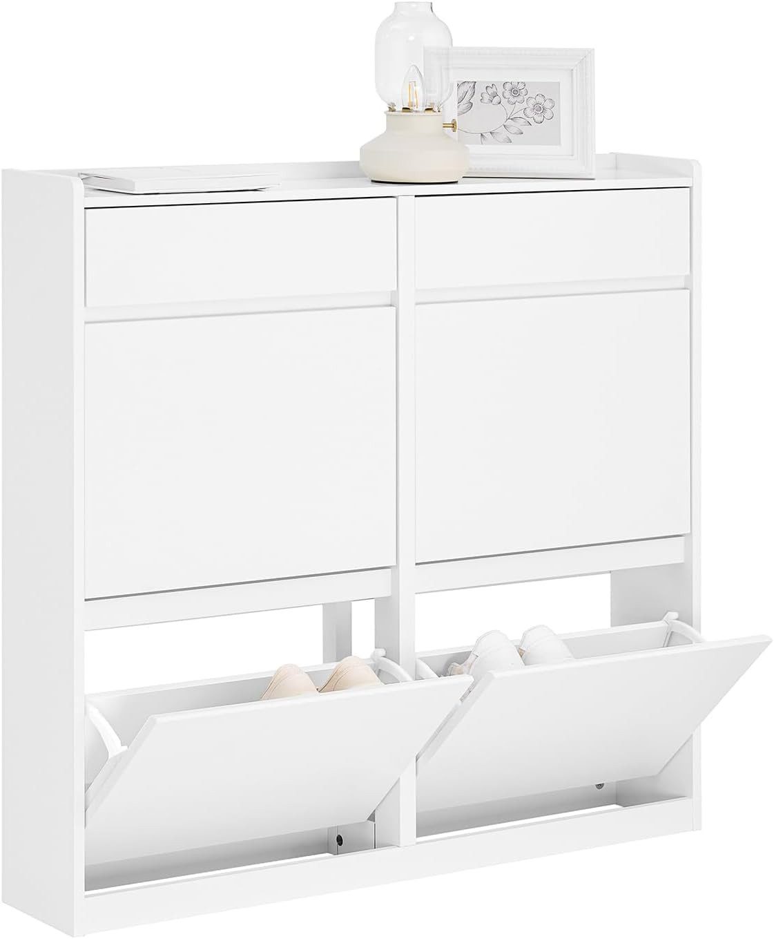 SoBuy Schuhschrank FSR169, Schuhablage, Schuhkipper schmal, Schuhregal, Schuhkommode mit 4 Klappen, 2 Schubladen, perfekt für schmale Flure, für 8-12 Paar