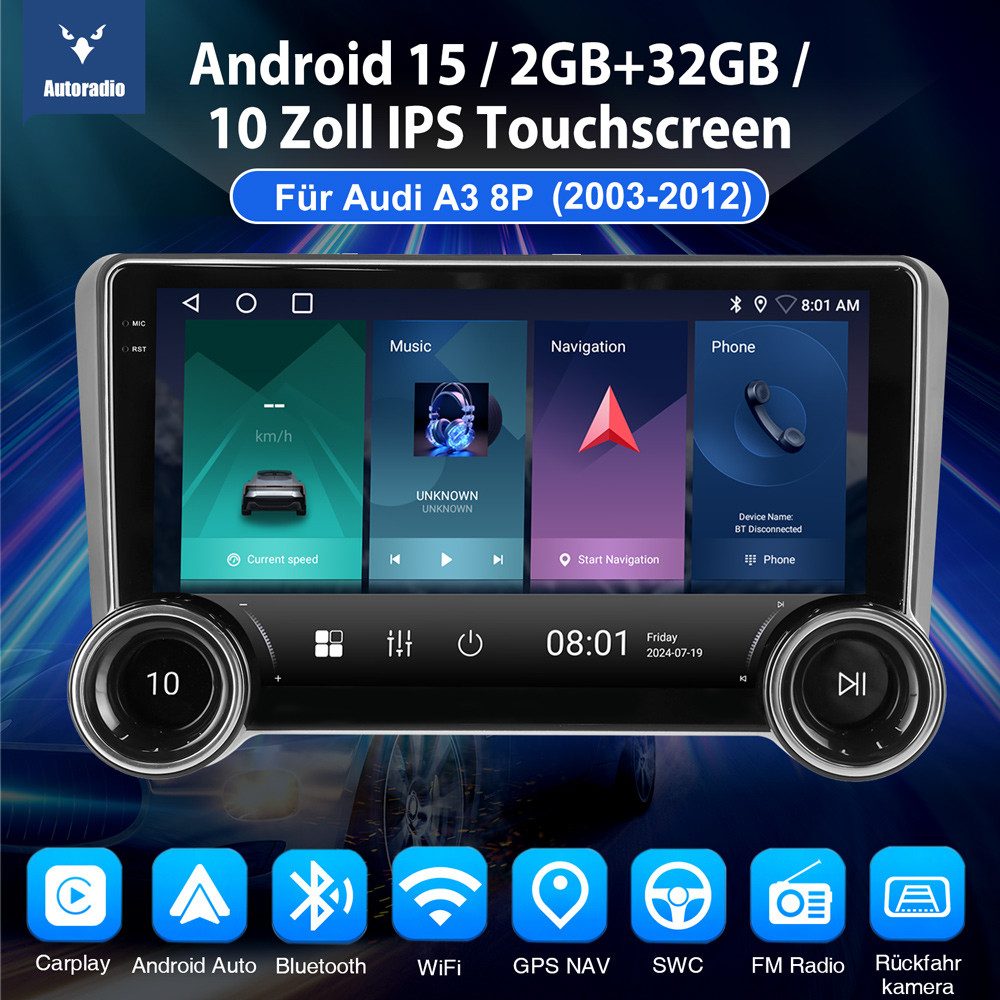 ESSGOO Für AUDI A3 8P 2003-2012 Android 14 Autoradio Autoradio (RDS, 4+64GB optional, Digitalradio (DAB), FM, Apple Carplay Android Auto GPS Navi WIFI BT EQ SWC)
