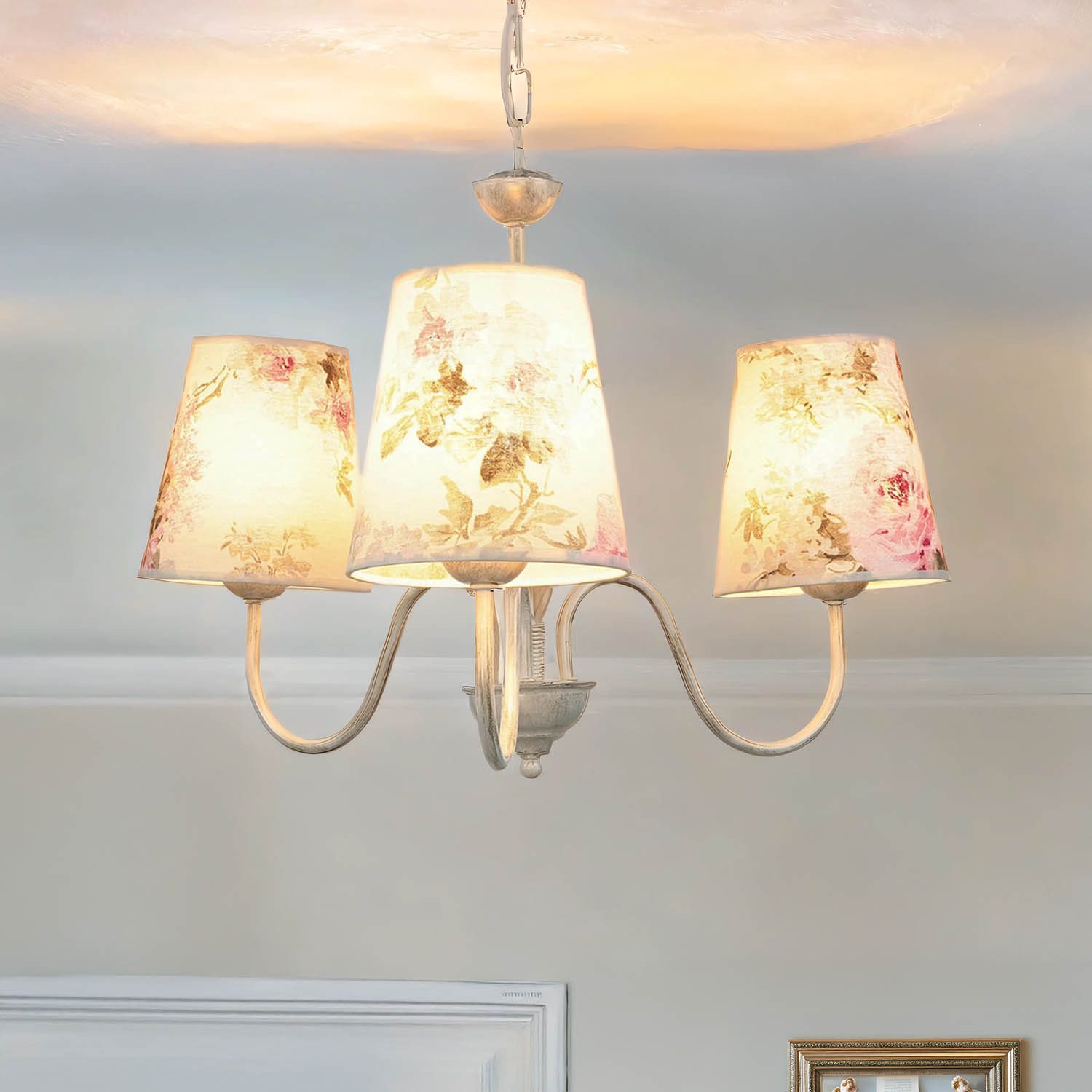 Licht-Erlebnisse Kronleuchter LOREN, ohne Leuchtmittel, Pendelleuchte Wohnzimmer Shabby Weiß floral Esstisch Hängelampe